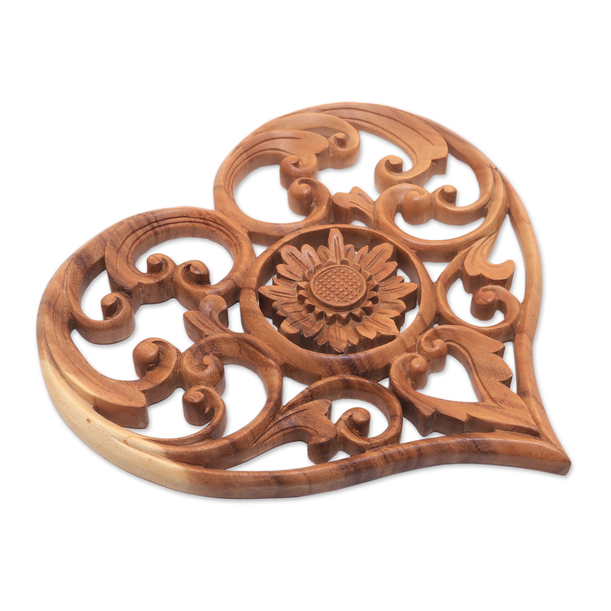 Premium Hand-Carved Lotus Love Wood Relief Panel - Heart & Flower Design