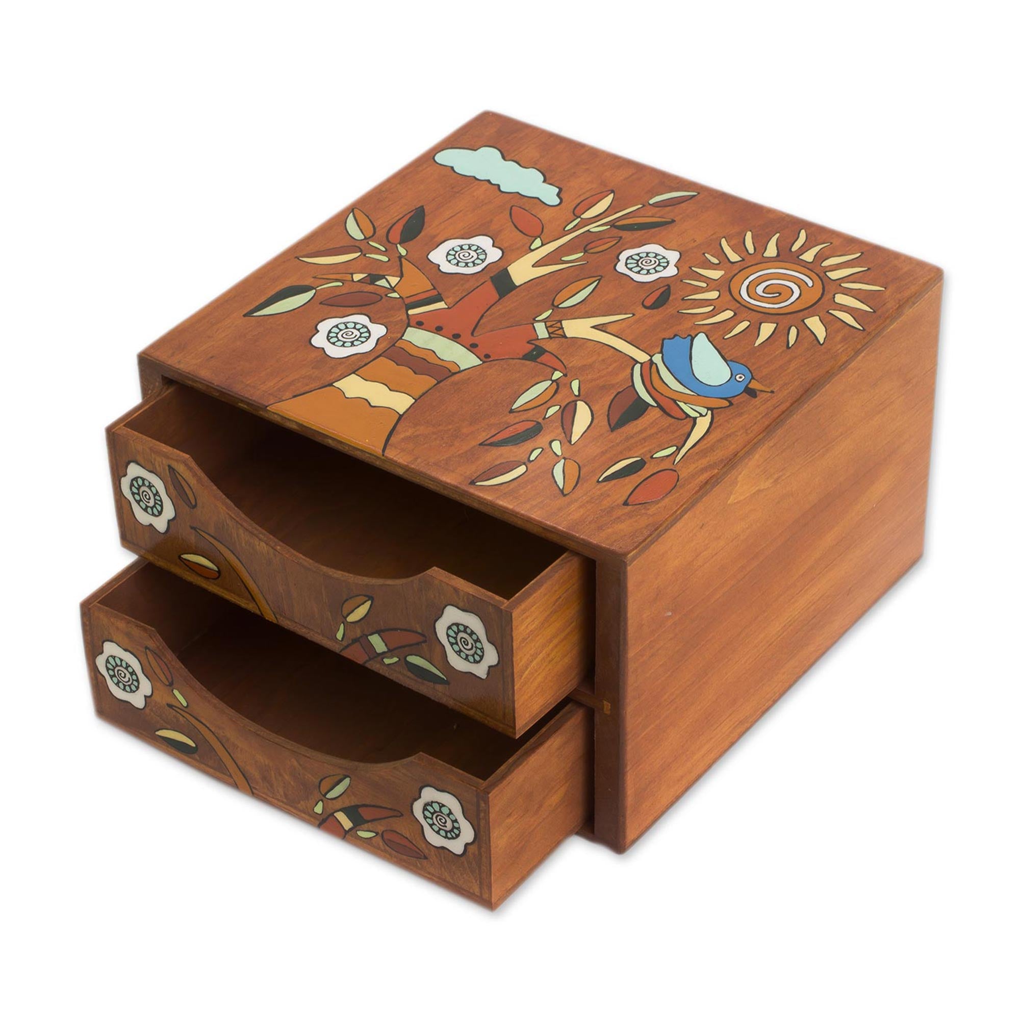 Premium Hand-Painted Pinewood Jewelry Box with Bird & Tree Design