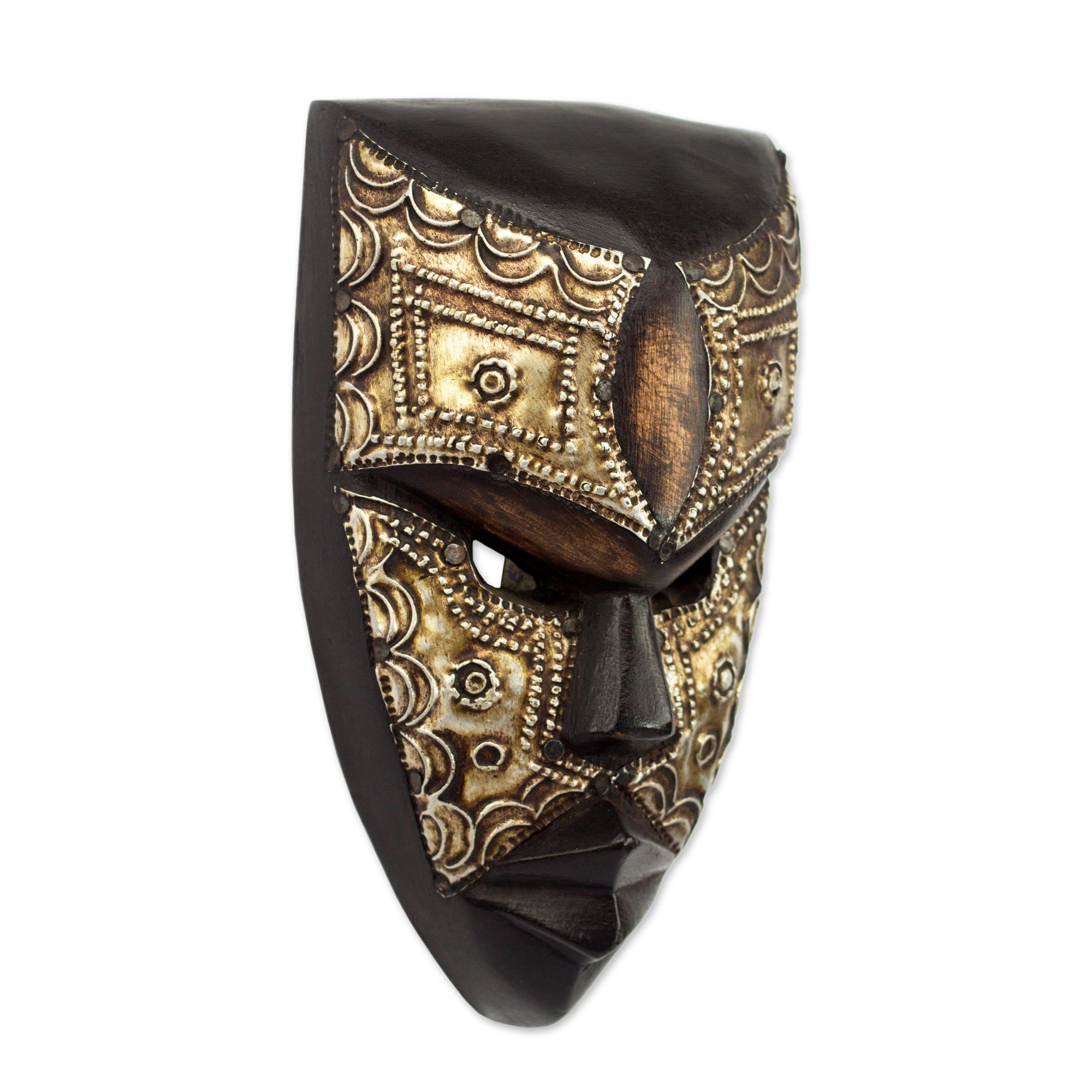 Premium Mbara Hunter Ghanaian Wall Mask - Handcrafted Wood & Aluminum Art