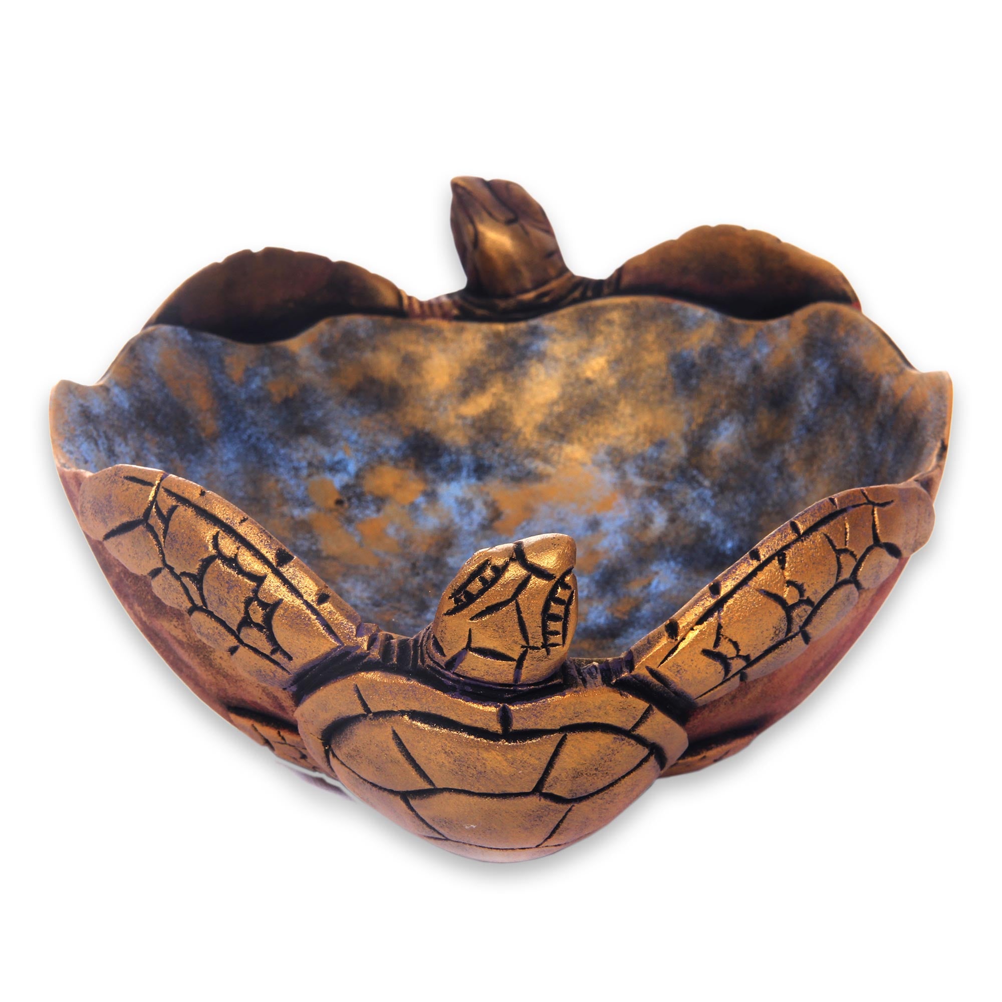 Premium Hand-Carved Sea Turtle Twins Wooden Centerpiece - Antique Gilded Finish