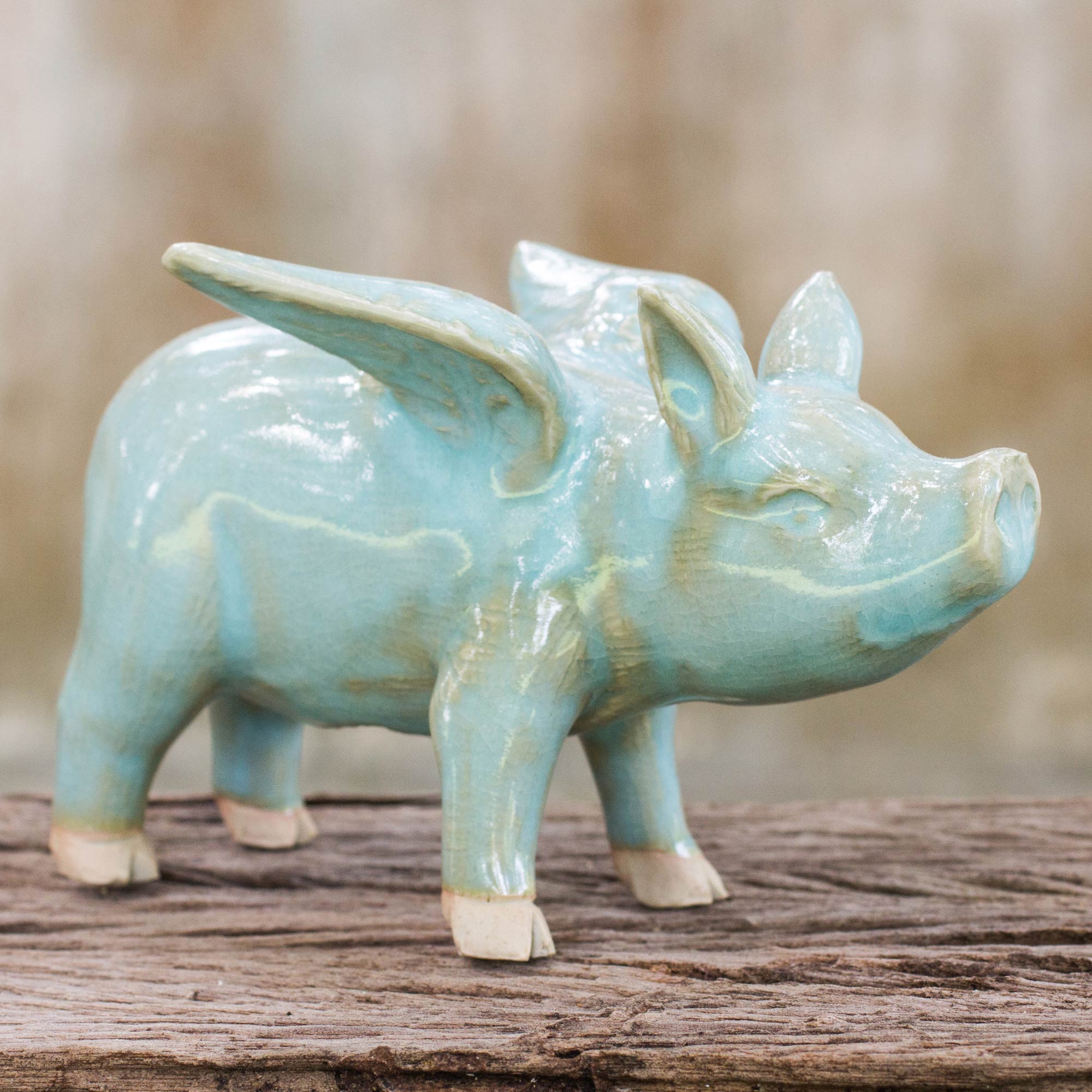 Premium Handcrafted Celadon Ceramic Flying Pig Figurine – Unique Thai Artistry