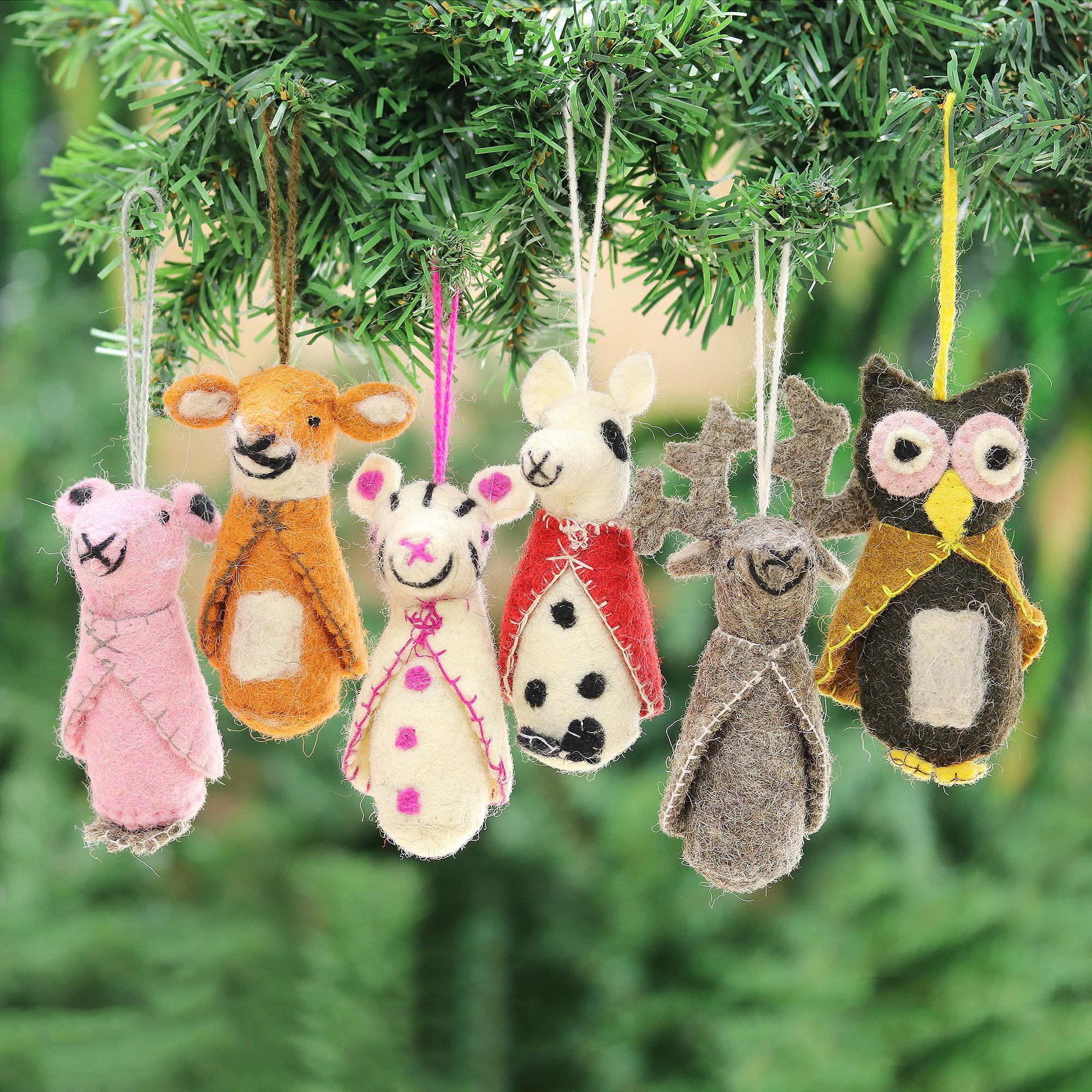 Premium Handcrafted Woodland Animal Wool Ornaments - Set of 6 (India)