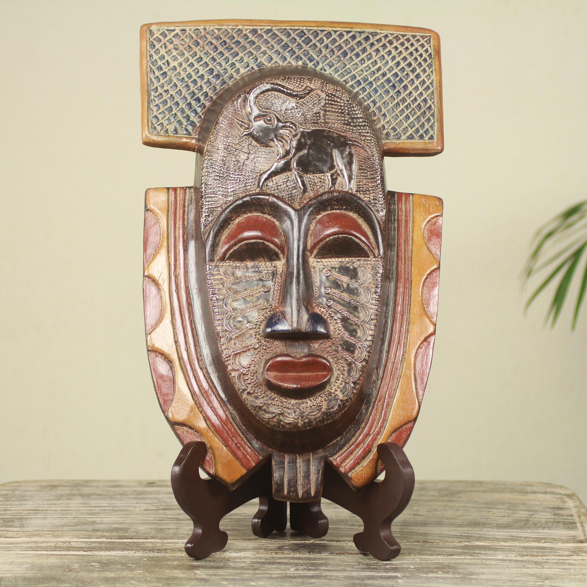 Premium Handcrafted Royal Elephant African Mask with Stand - Authentic Ghana Art