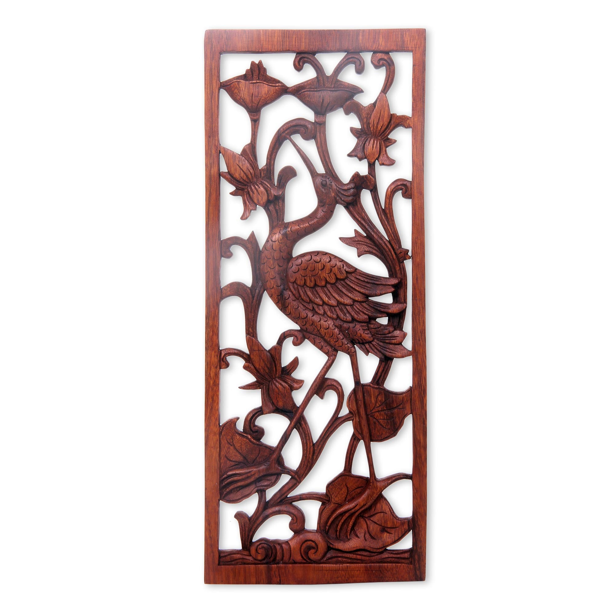 Premium Hand-Carved Lotus & Crane Suar Wood Relief Panel - Bali Artisan Signed