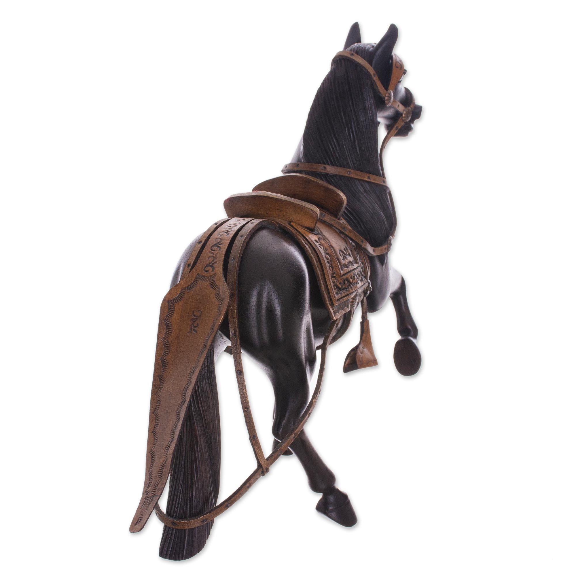 Premium Peruvian Paso Horse Sculpture in Cedar Wood & Leather (11.5 in.)