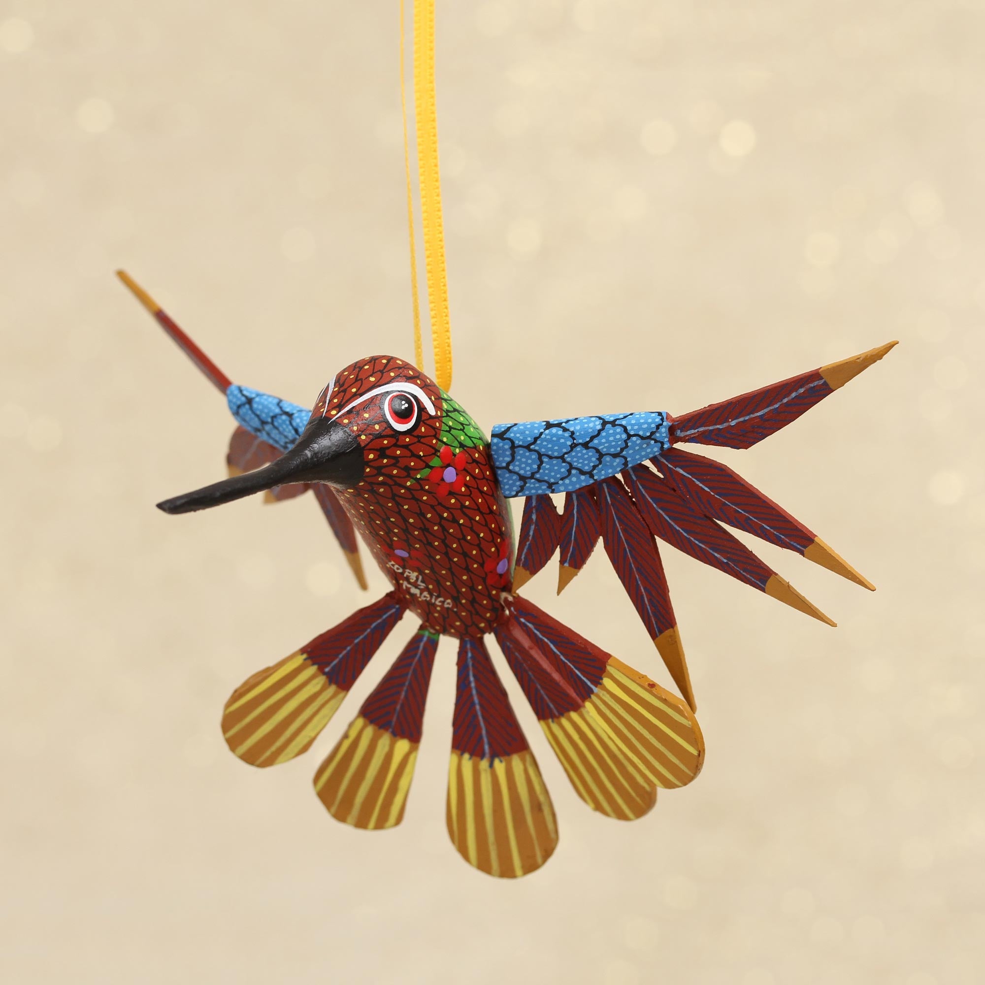 Premium Handcrafted Red Copal Wood Alebrije Hummingbird Ornament – Multicolor Artistry