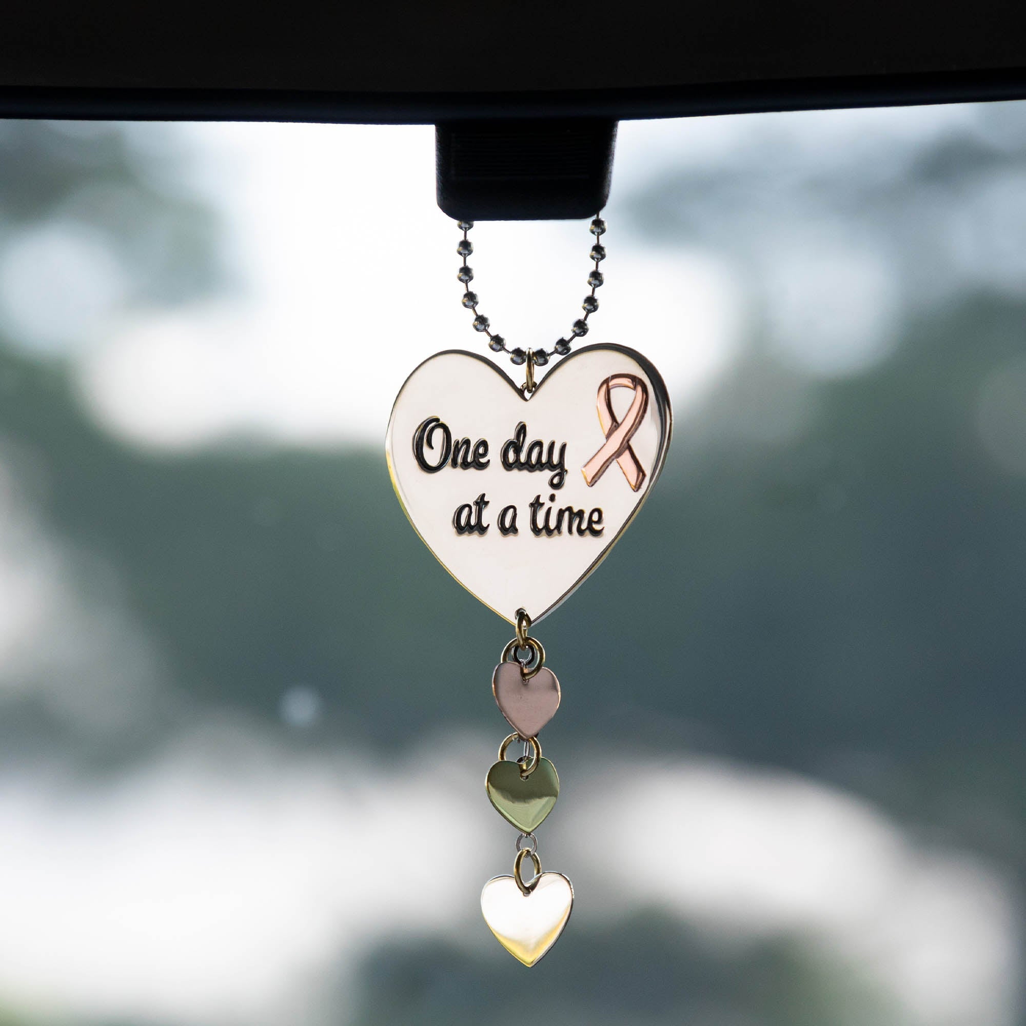 Premium Pink Ribbon Car Charm - 'One Day at a Time'