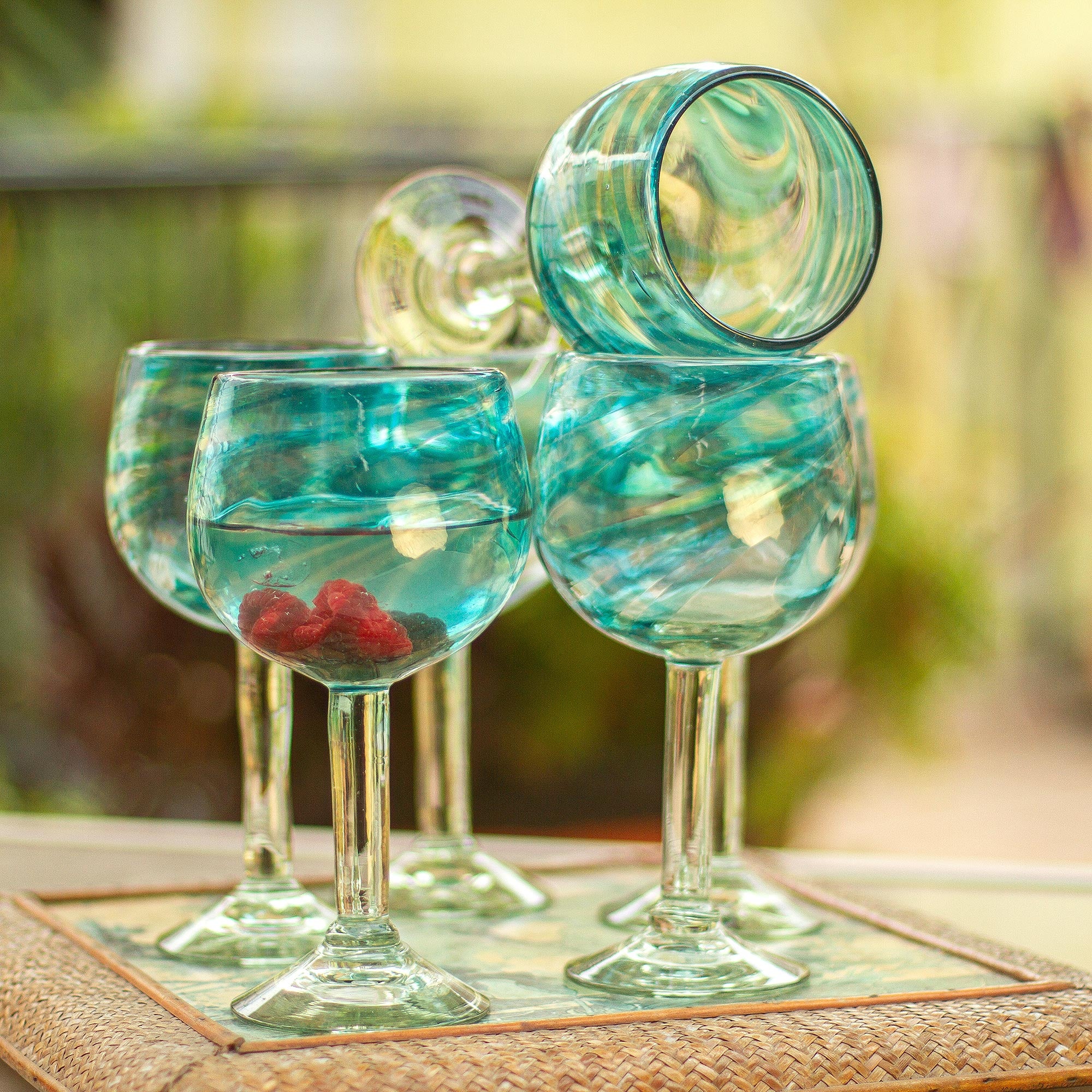 Premium Aqua Swirl Set of 6 Handcrafted Recycled Wine Glasses - Eco-Friendly Elegance from Mexico