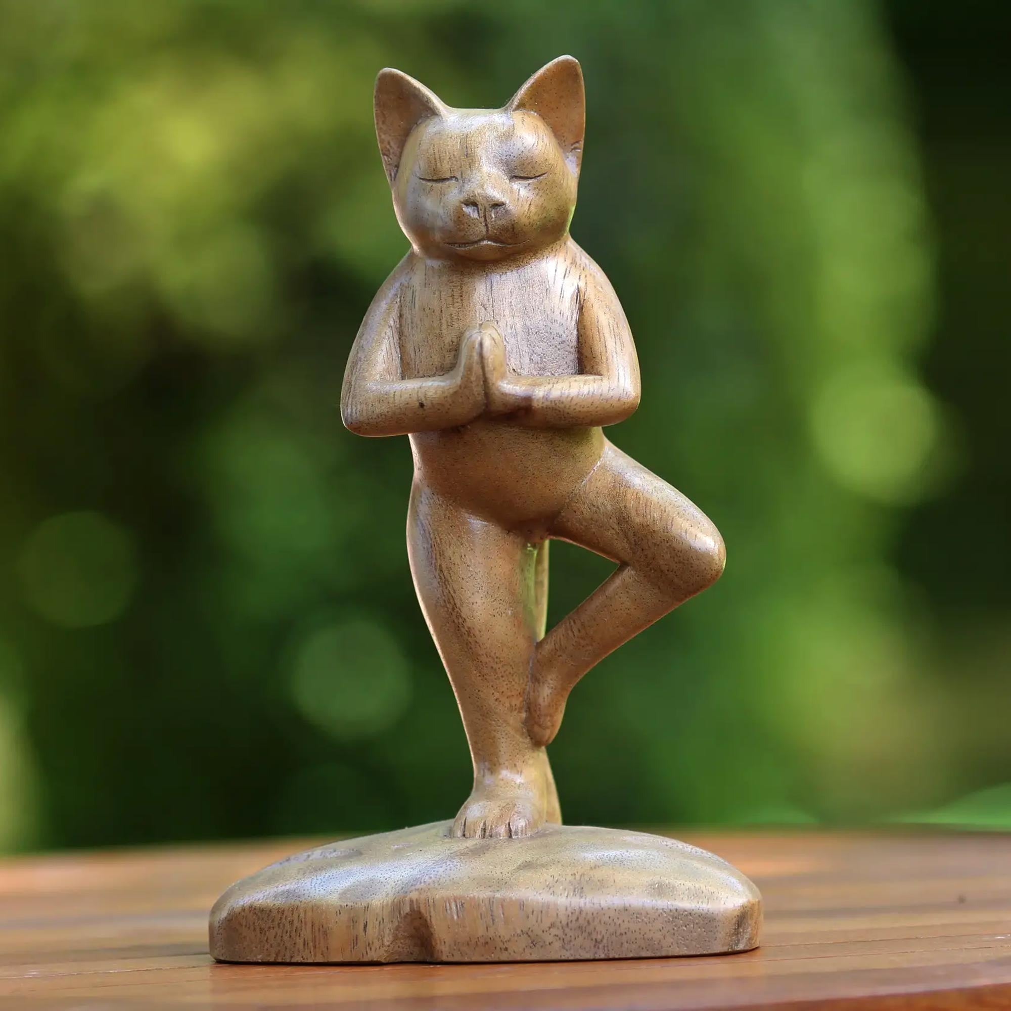 Premium Tree Pose Yoga Cat Statue - Handcrafted Suar Wood Art