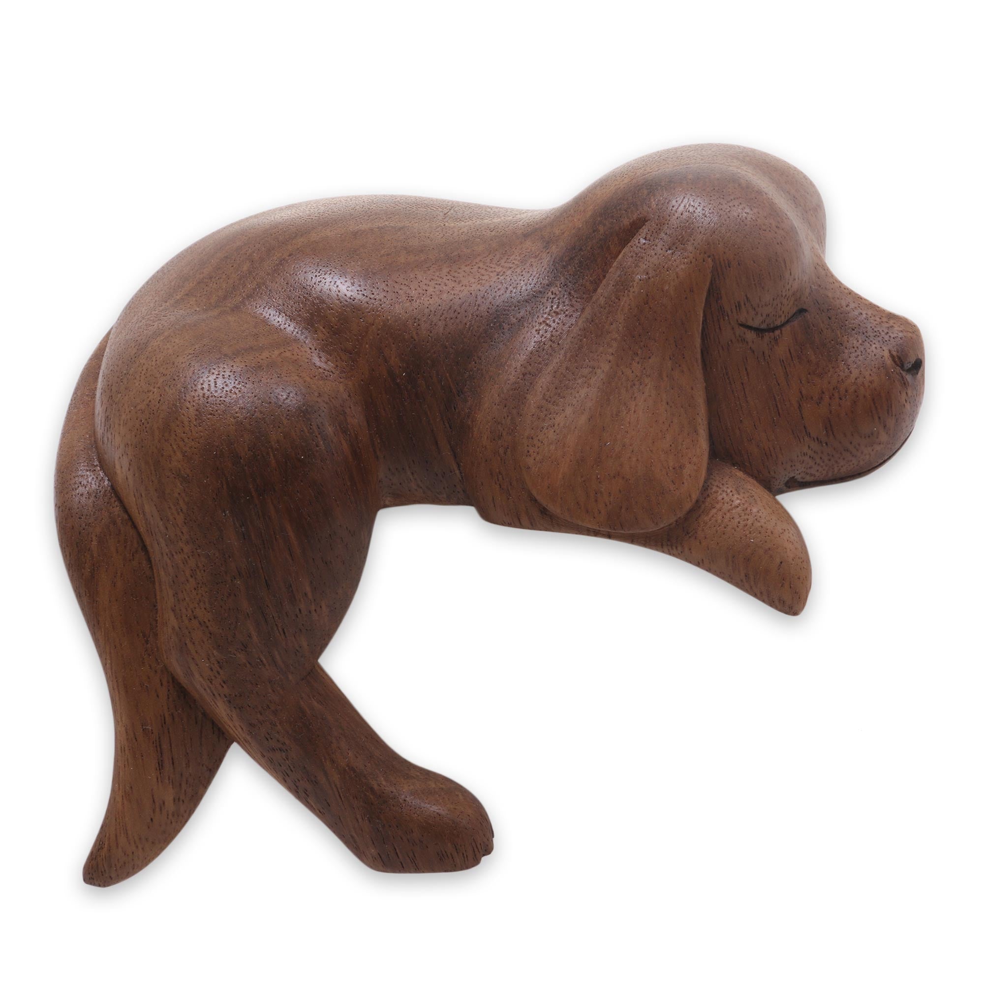 Premium Hand-Carved Sleeping Cocker Spaniel Puppy Wood Sculpture