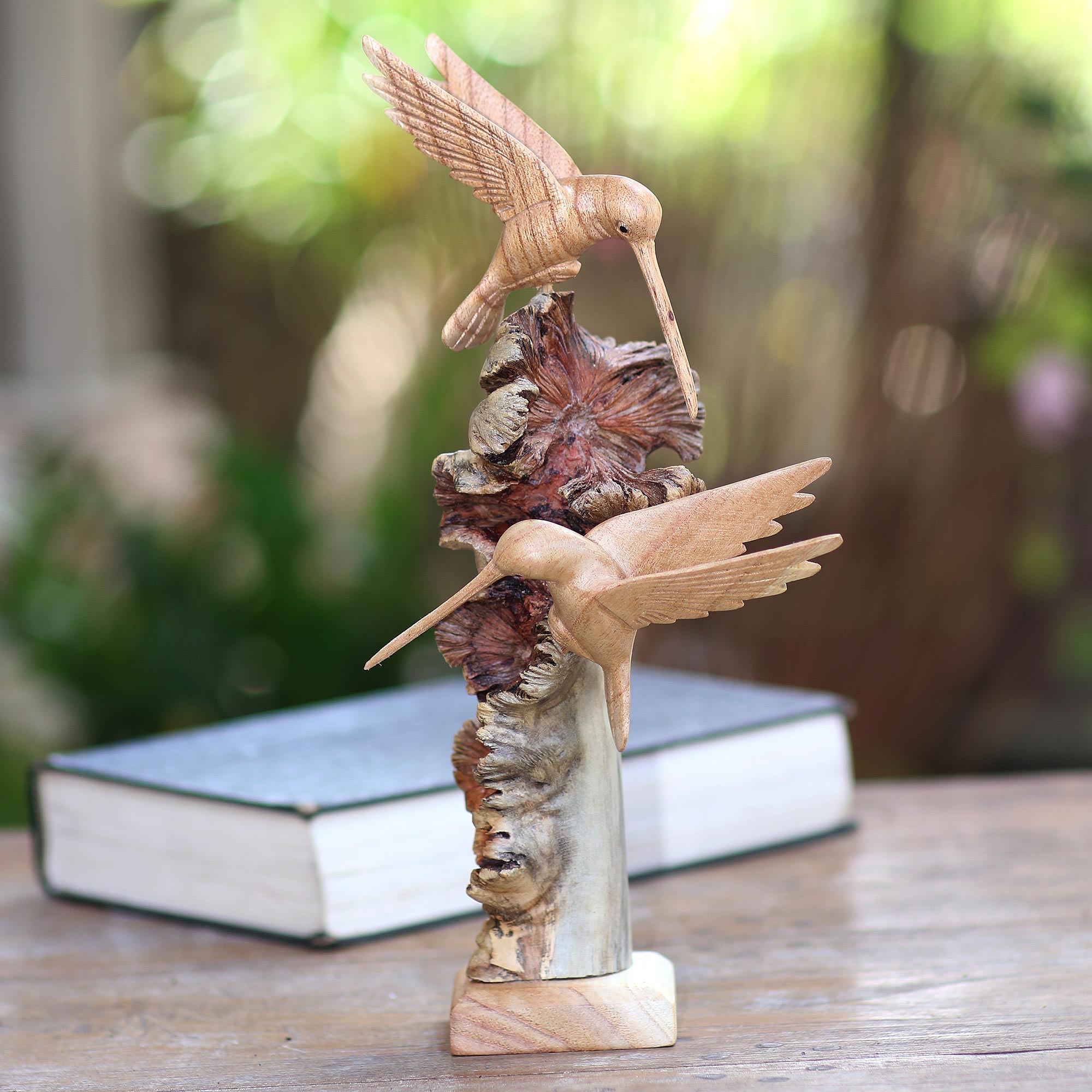 Premium Hand-Carved Hummingbird Sculpture – Unique Benalu Wood Base