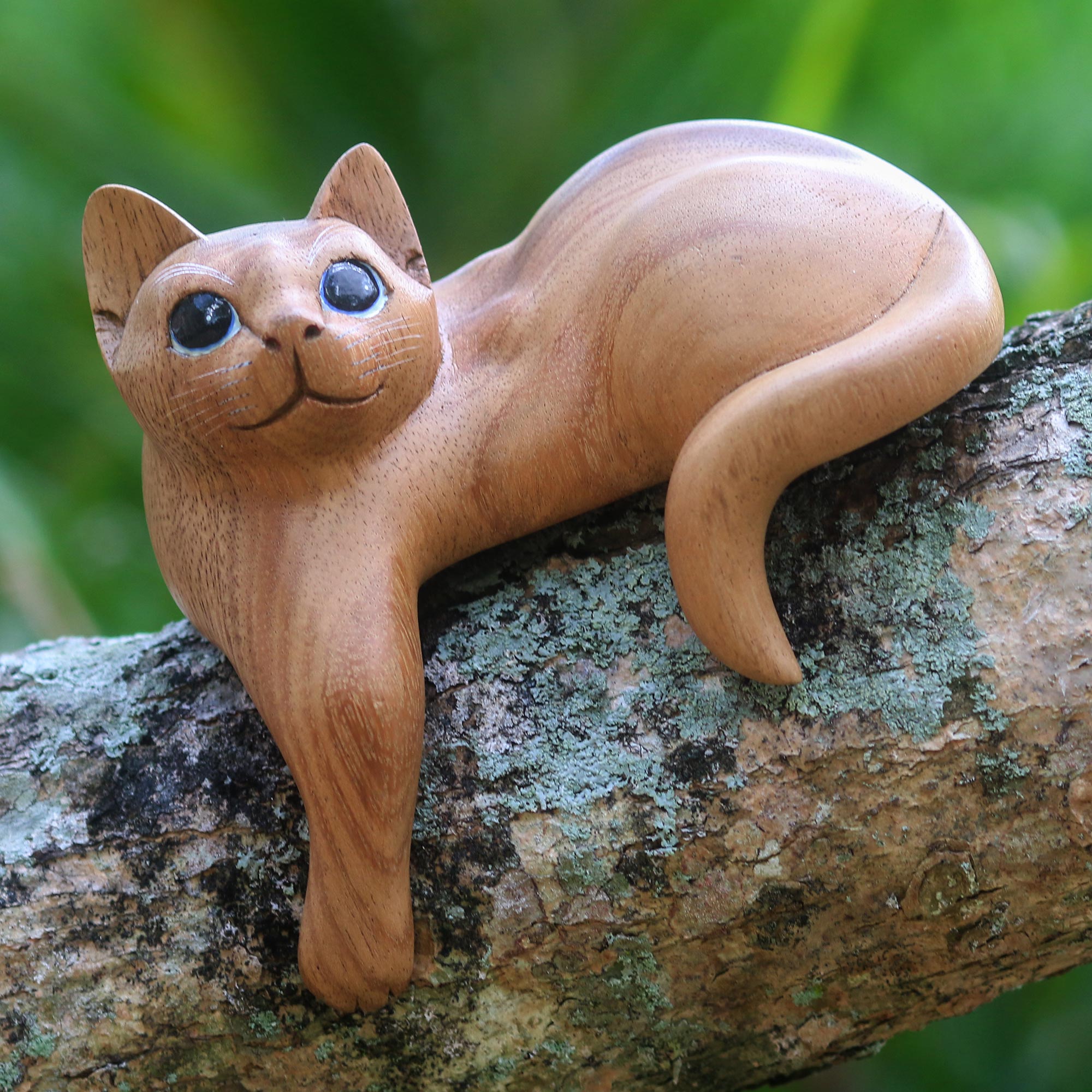 Premium Hand-Carved Ginger Cat Sculpture - Medium Wood Finish