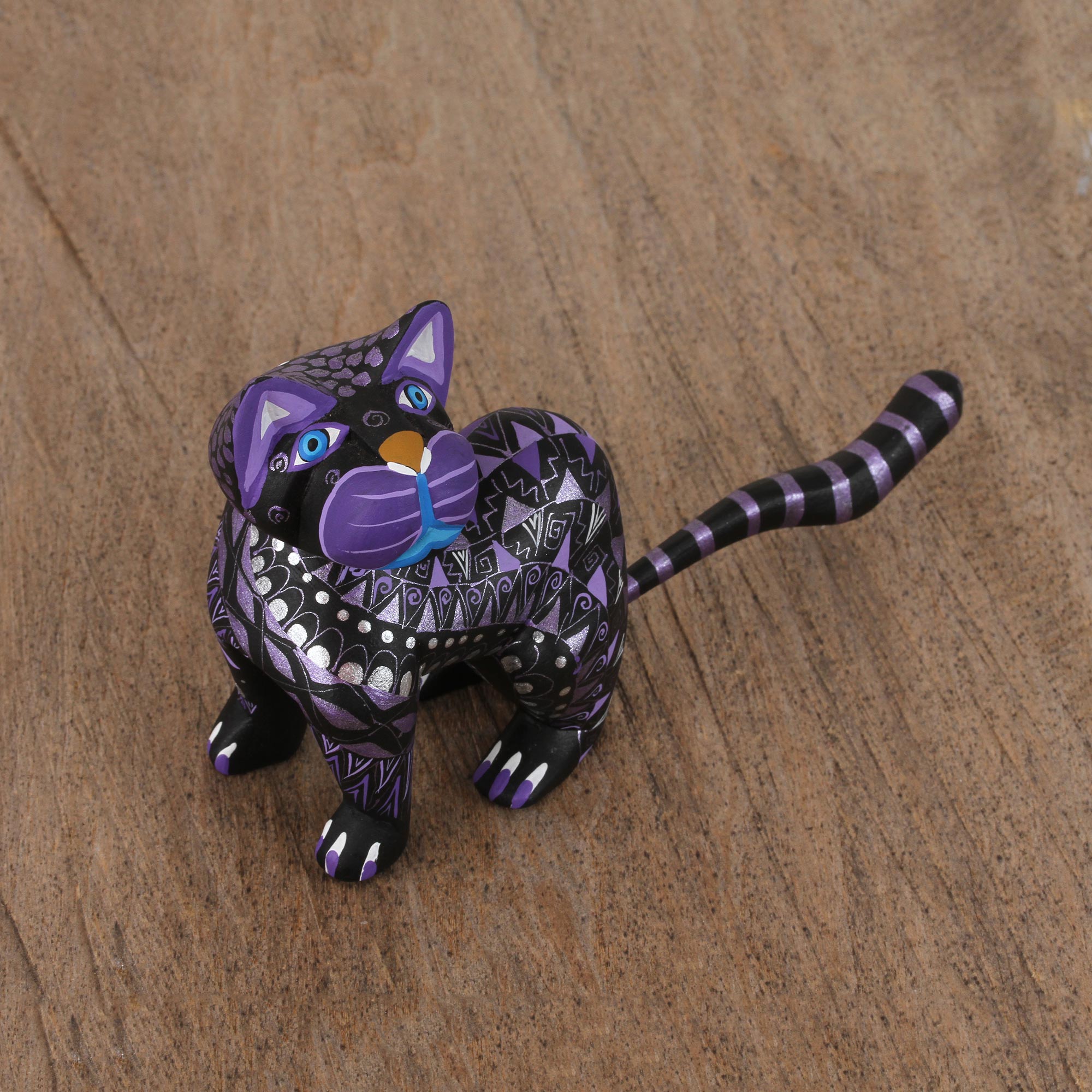 Premium Hand-Painted Black Alebrije Cat with Silver & Purple Motifs