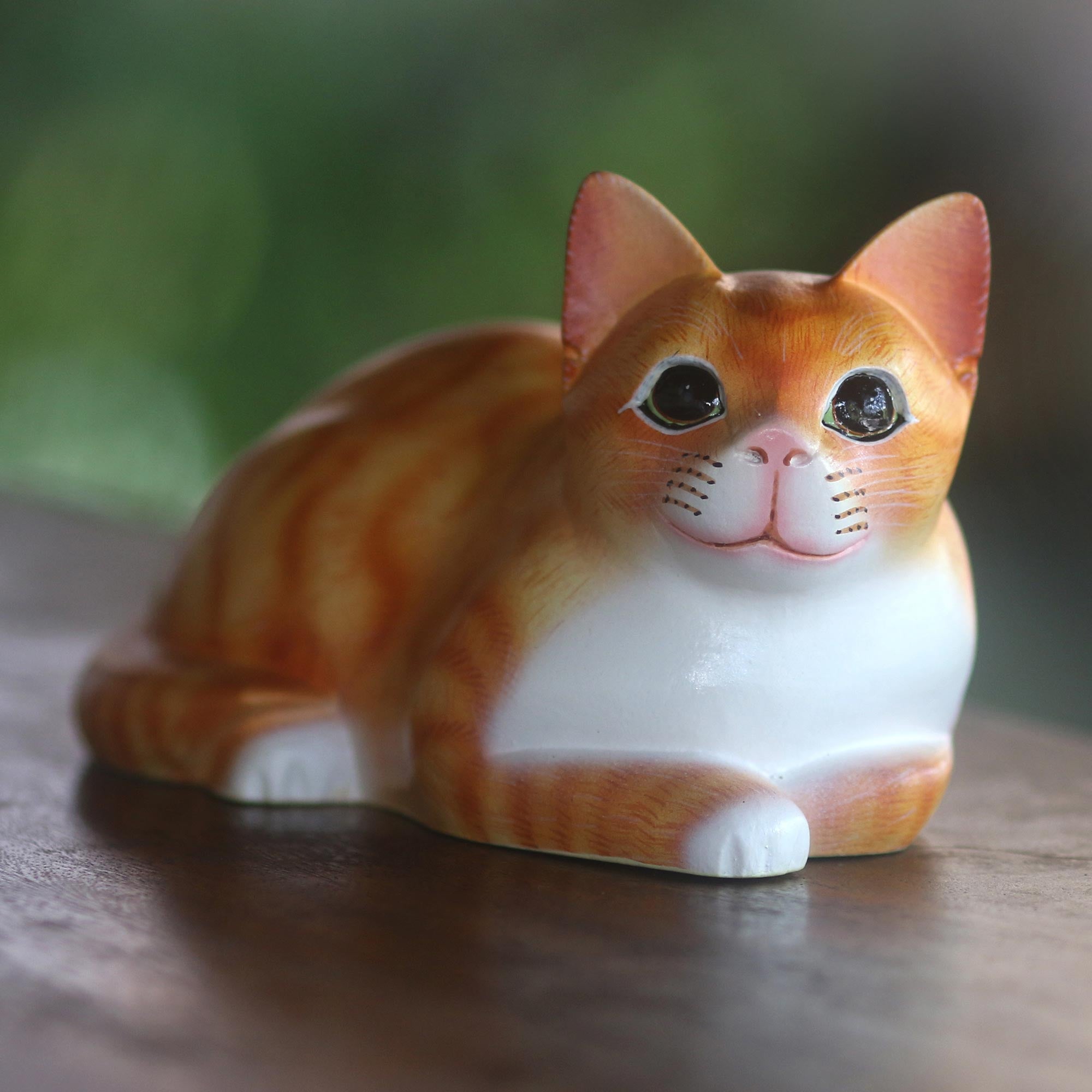 Premium Hand-Carved Orange Lying Cat Sculpture - Signed Balinese Art Piece