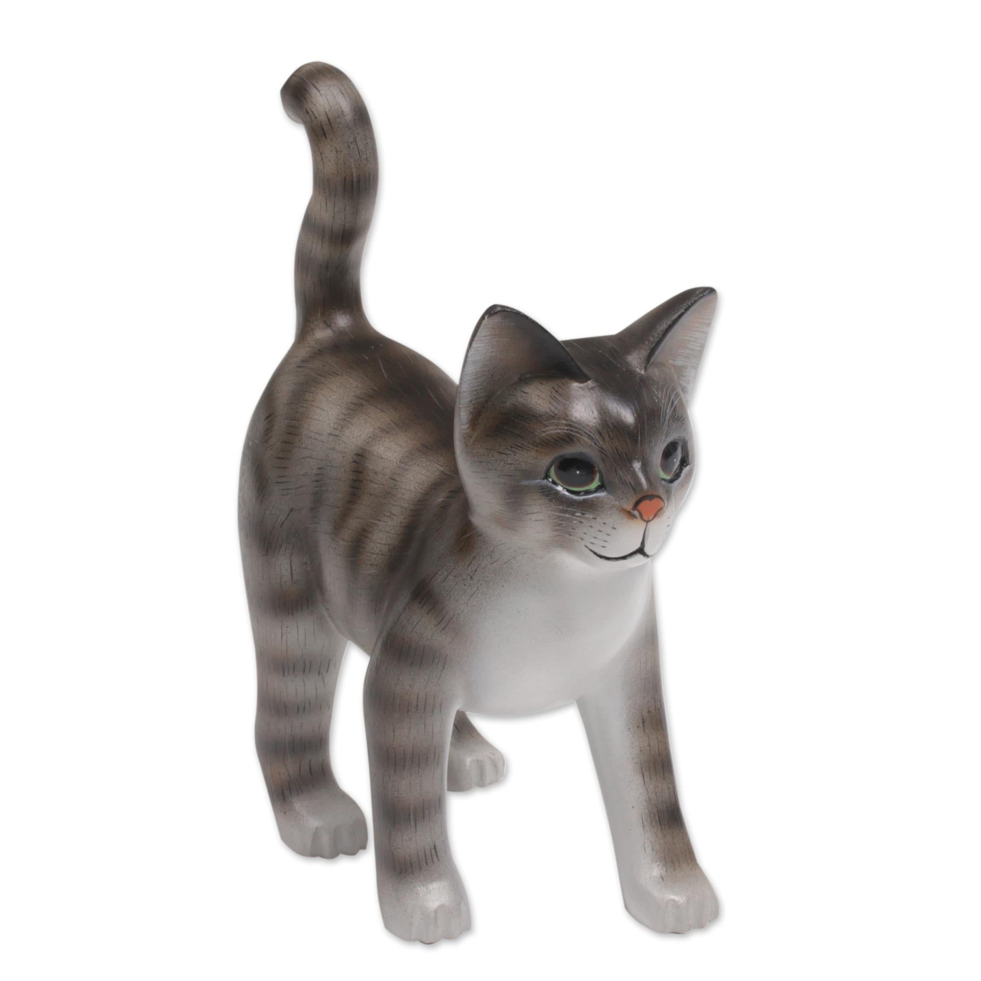 Premium Hand-Carved Balinese Kitten Sculpture in Grey & White