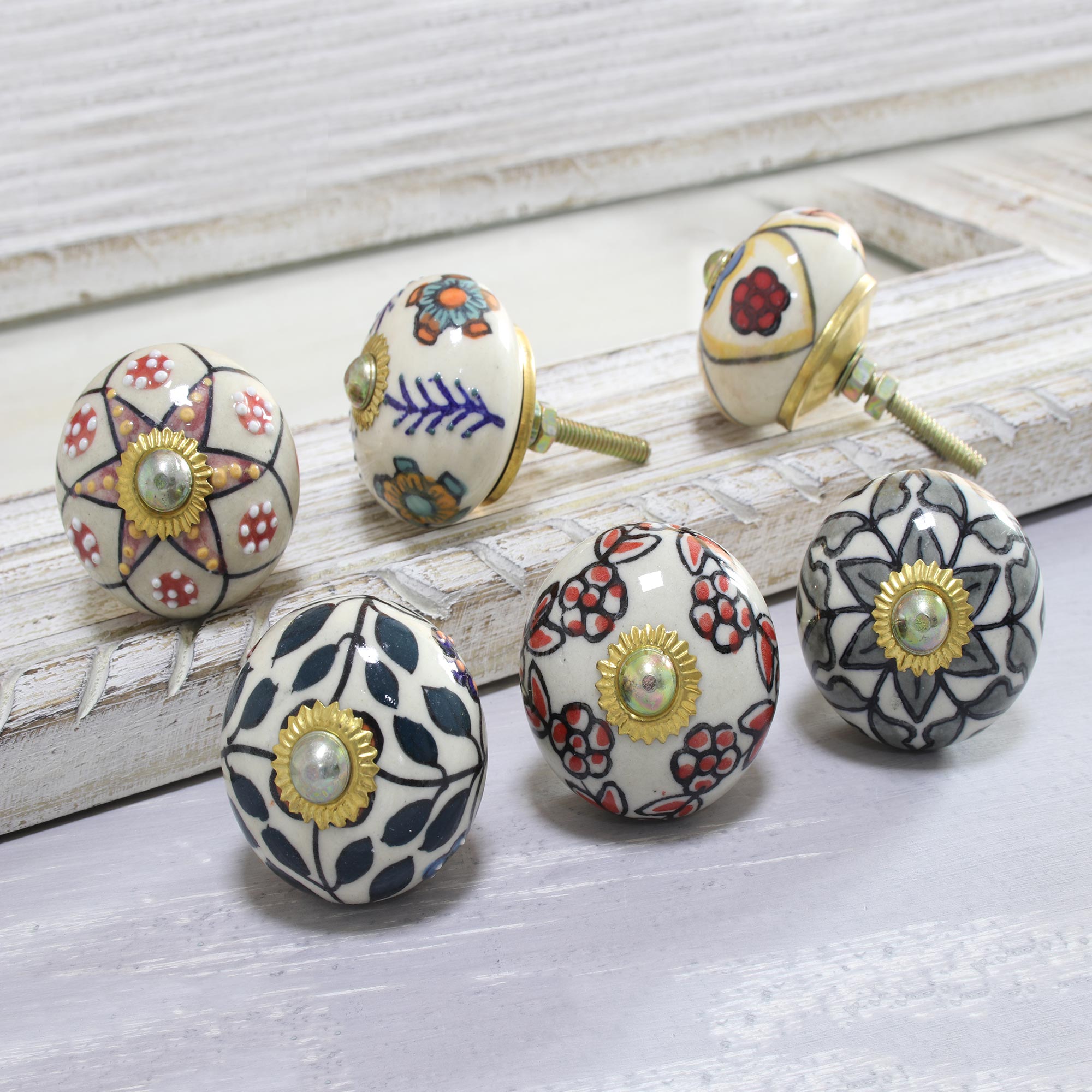 Premium Handcrafted Floral Ceramic Knobs - Harmonious Indian Design (Set of 6)