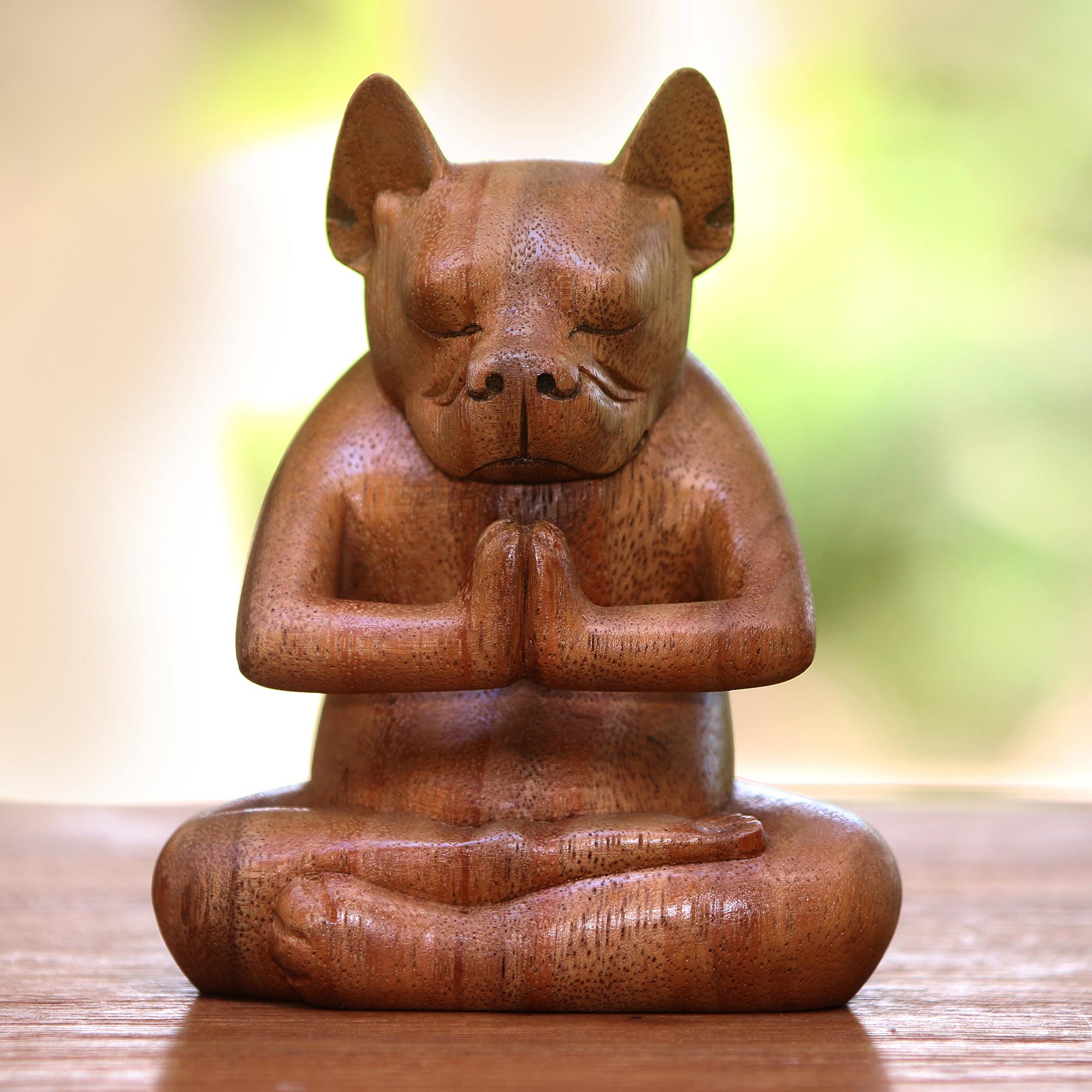 Premium Brown Boston Terrier Yoga Statuette – Handmade Wood Meditation Sculpture