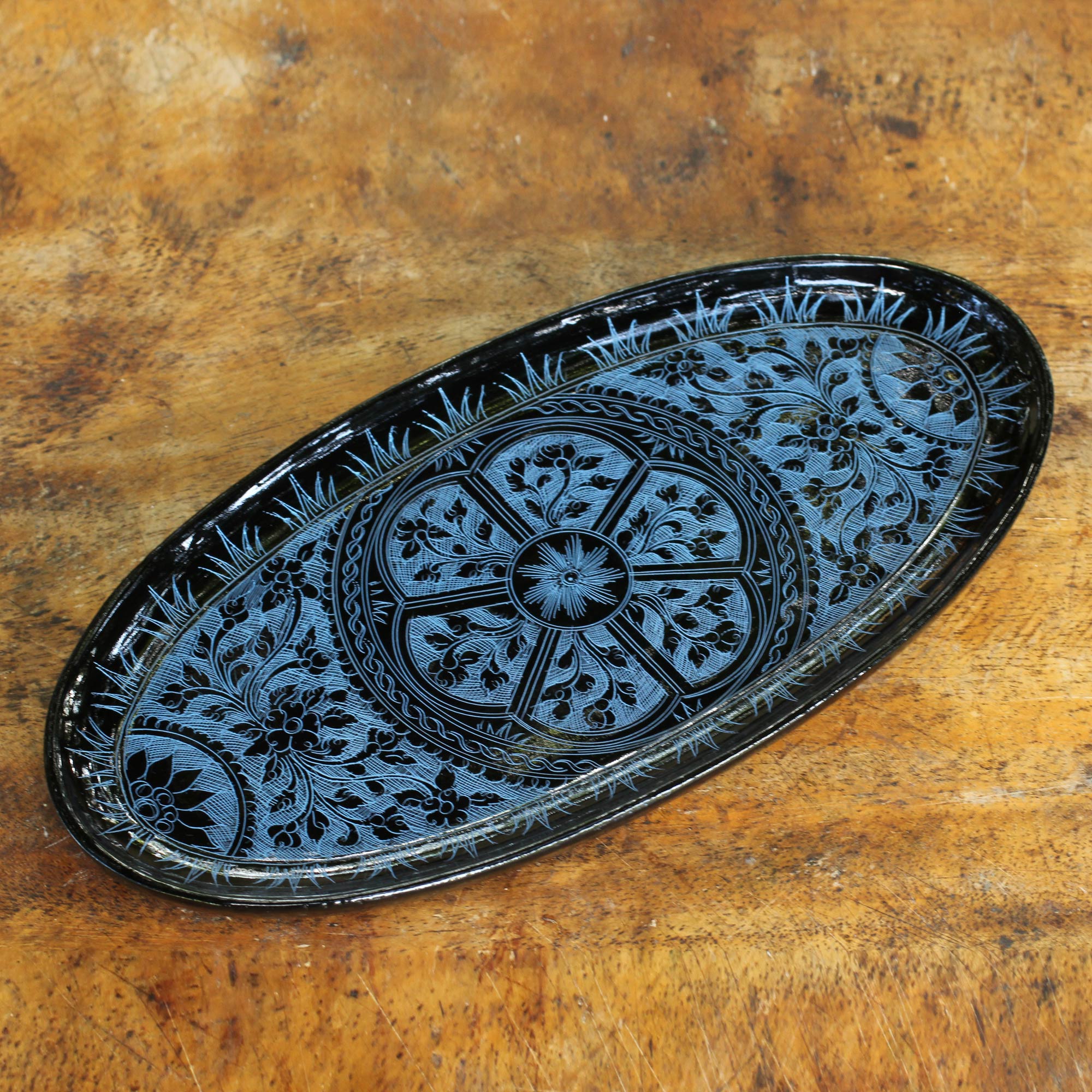 Premium Floral Medallion Blue Lacquered Catchall Tray - Handcrafted Elegance