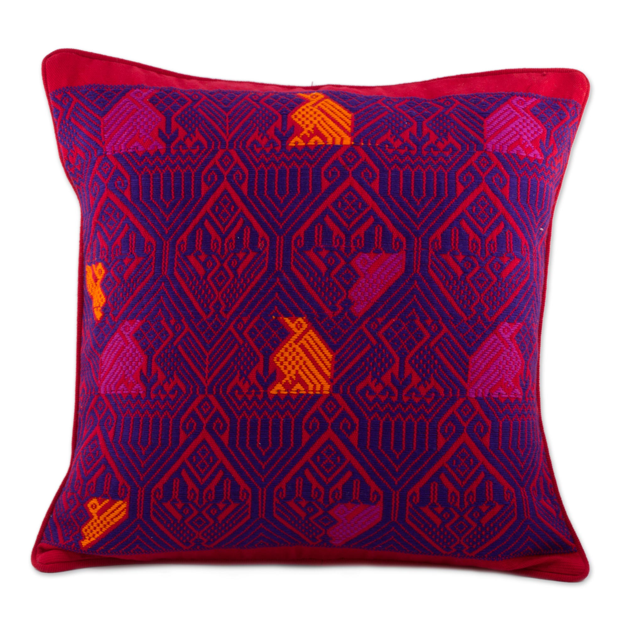 Premium Handwoven Maya Backstrap Loom Cushion Cover - Red & Purple with Bird Motif