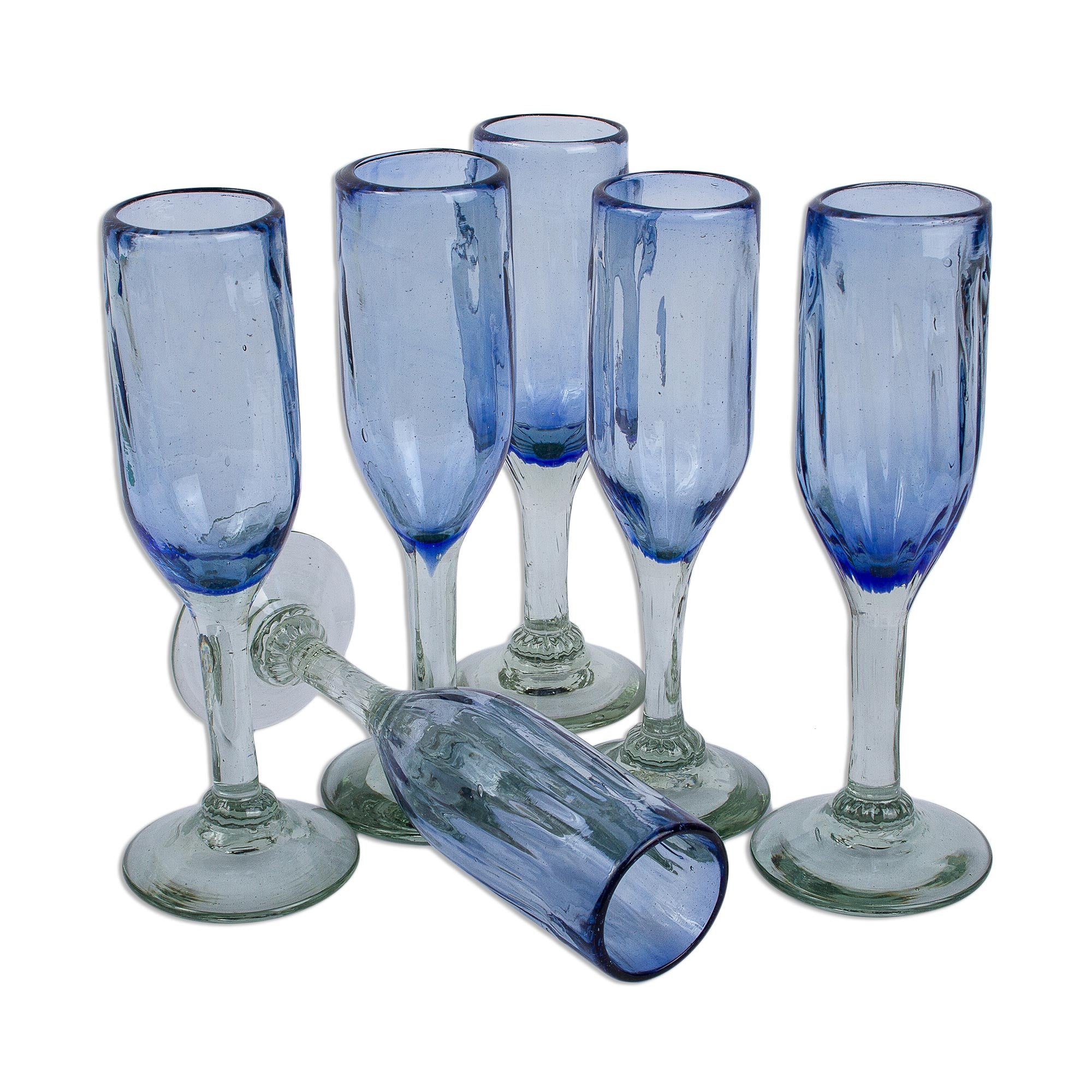 Premium Fiesta Azul Hand-Blown Recycled Glass Champagne Flutes - Set of 6