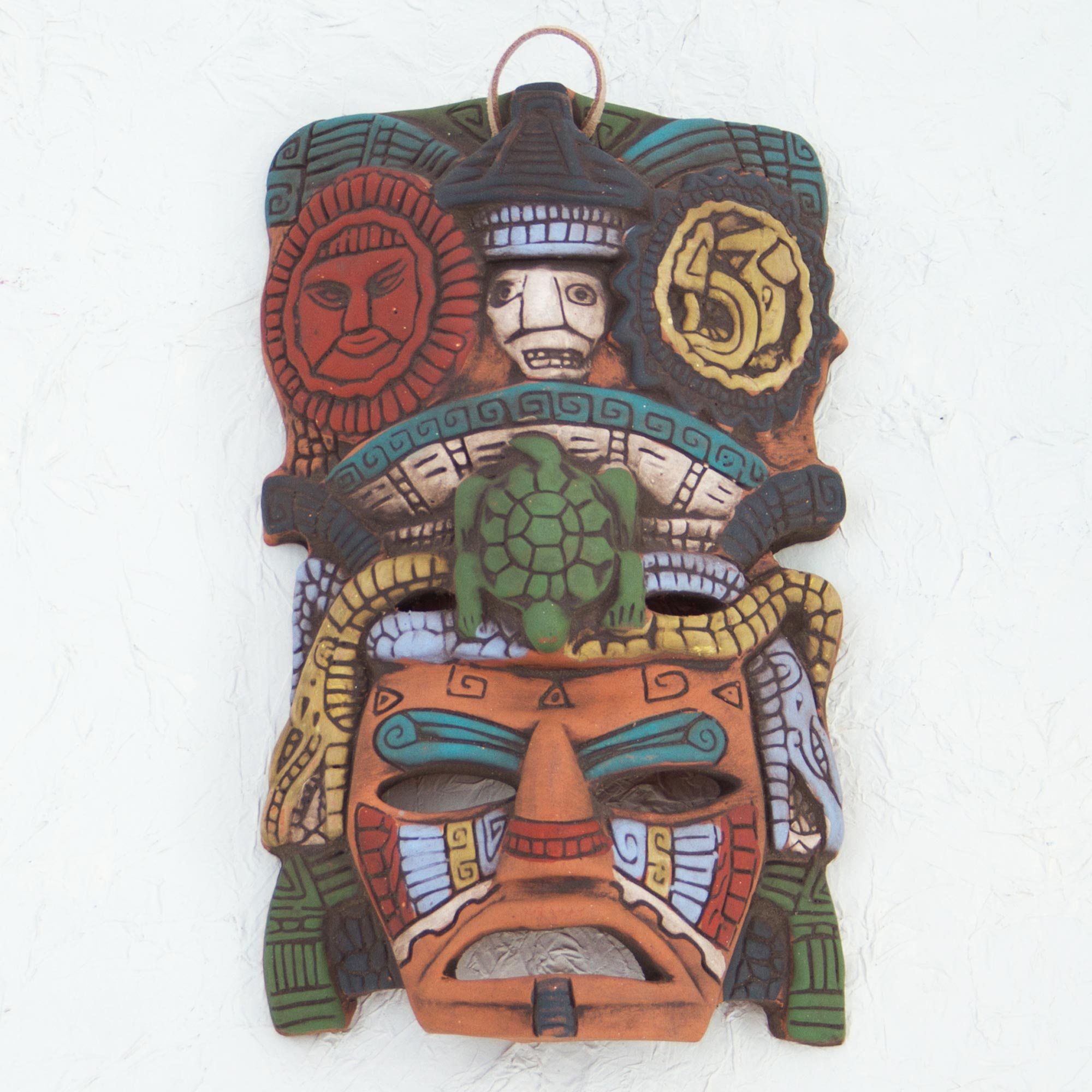 Premium Sun & Moon Tortoise Ceramic Mask - Handcrafted Mayan Art