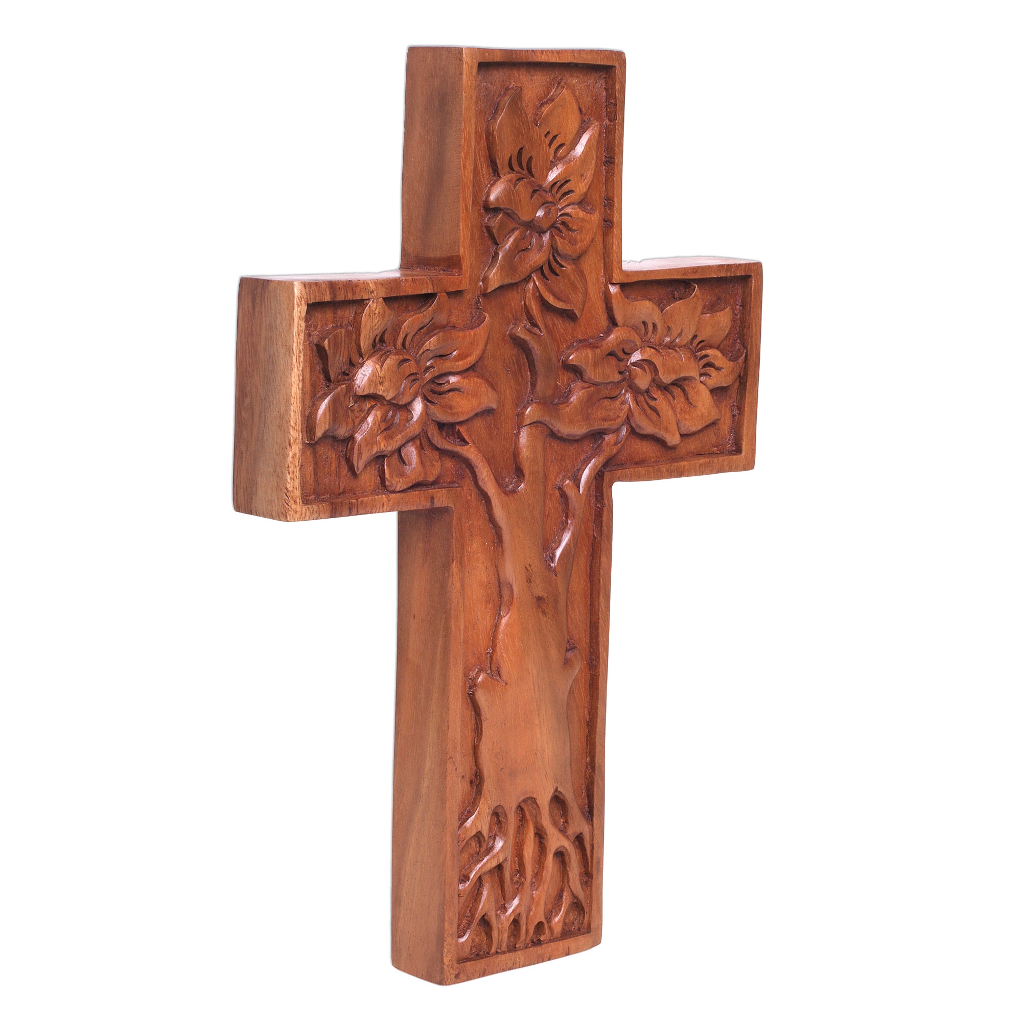Premium Hand-Carved Mangrove Tree Suar Wood Wall Cross – Bali Artisan Crafted