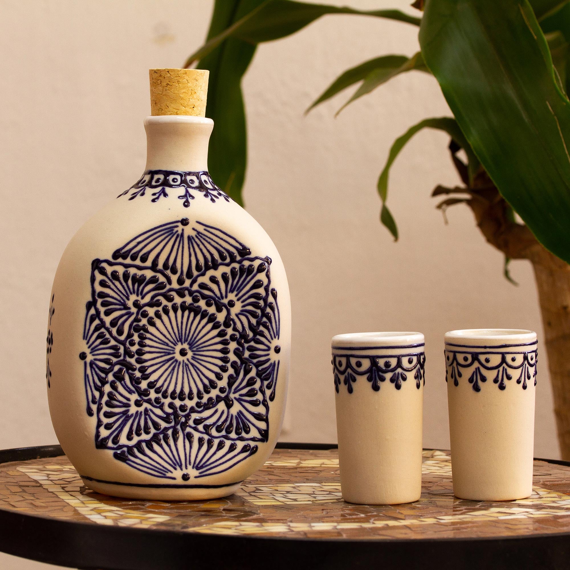 Premium Talavera Style Tequila Decanter Set with Handcrafted Glasses (3-Piece)