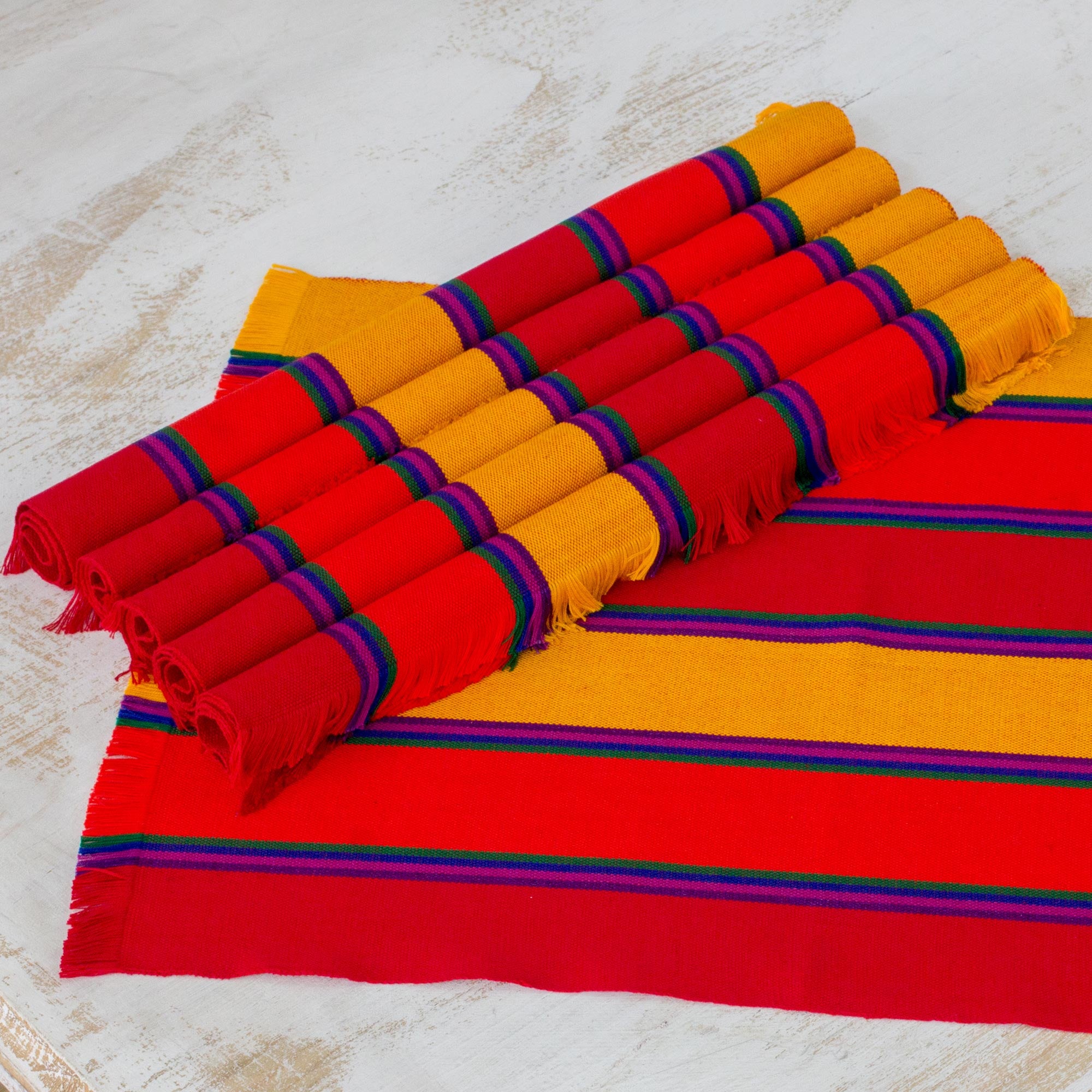 Premium Handwoven Cotton Placemats - Sunset Striped Set of 6 from Guatemala