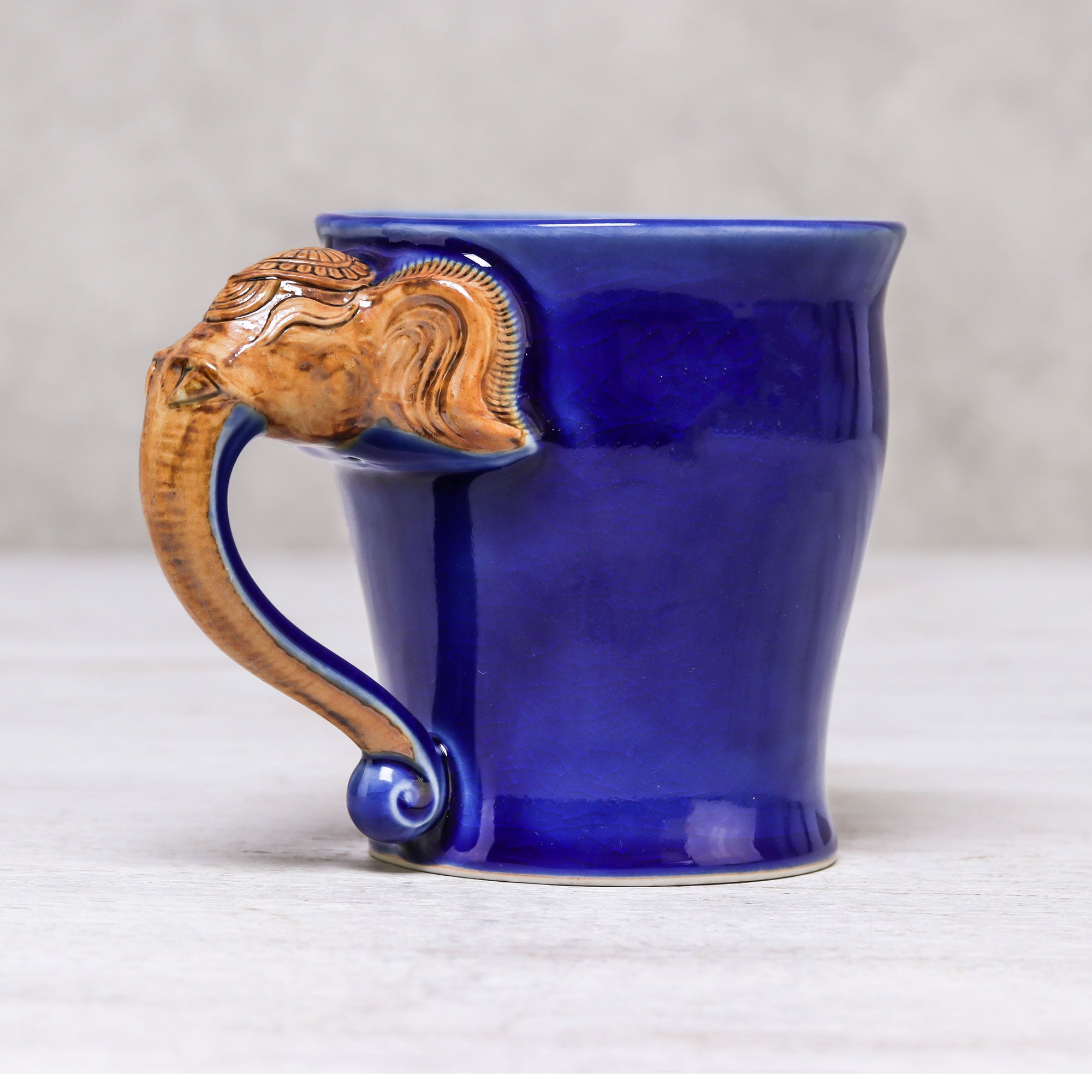 Premium Elephant Handle Ceramic Mug - Blue Celadon, Handcrafted in Thailand (10 oz)