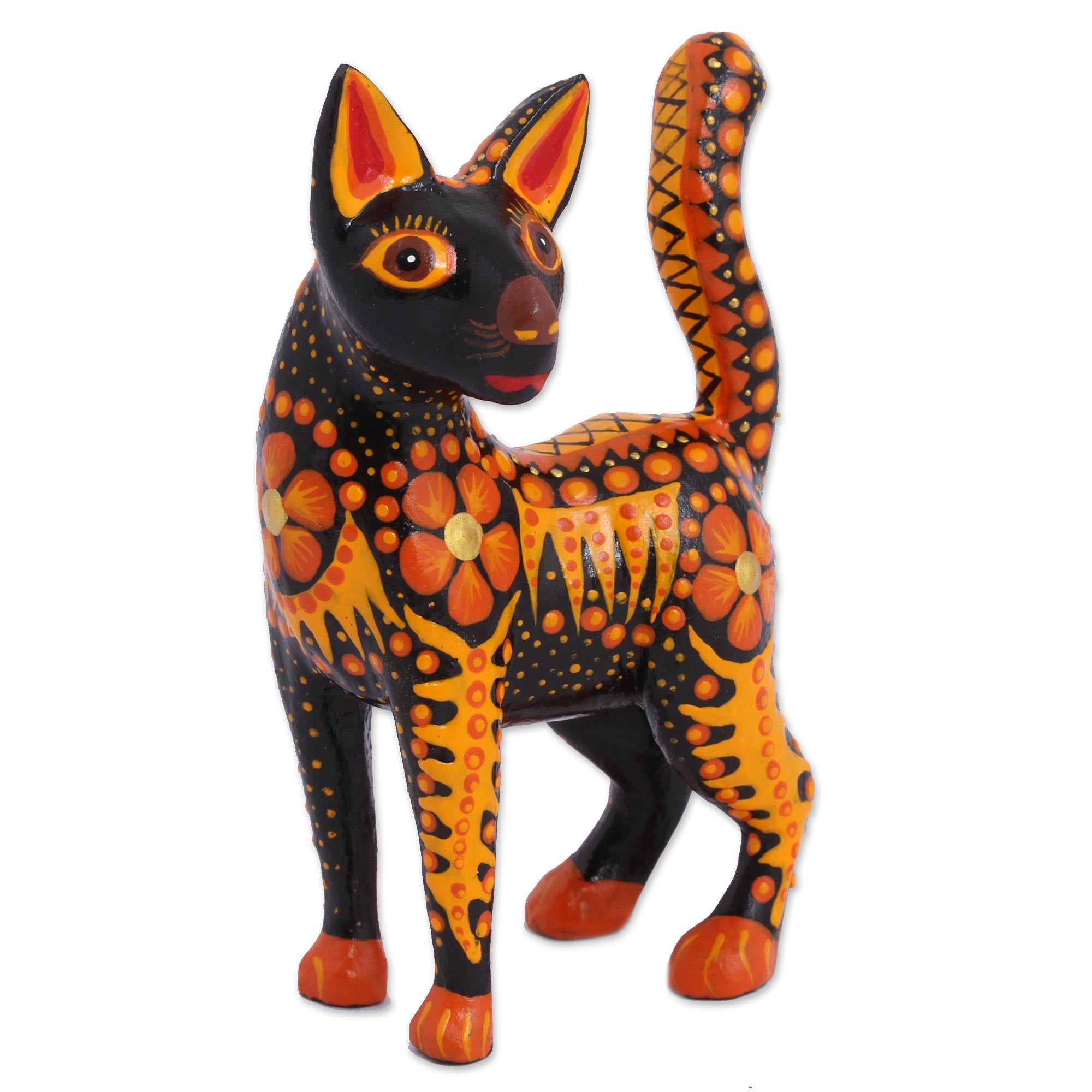 Premium Handcrafted Fiery Cat Alebrije Figurine - Orange Mexican Folk Art
