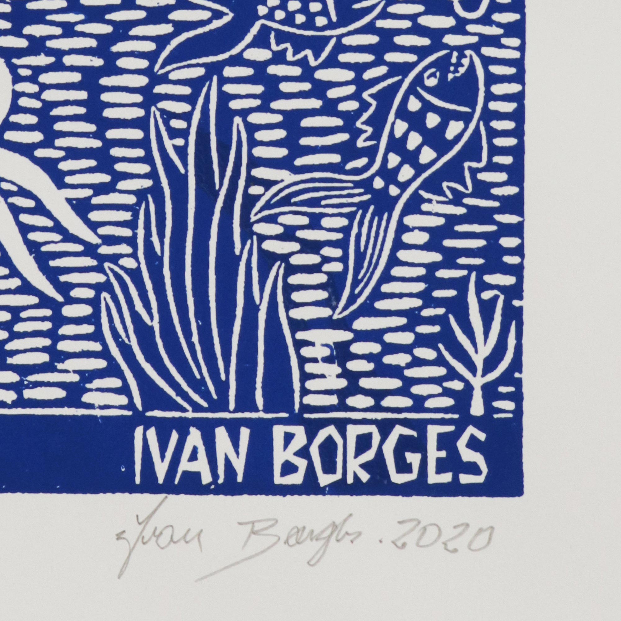 Premium Brazilian Woodcut Print: The Fisherman and Boat in Blue & White