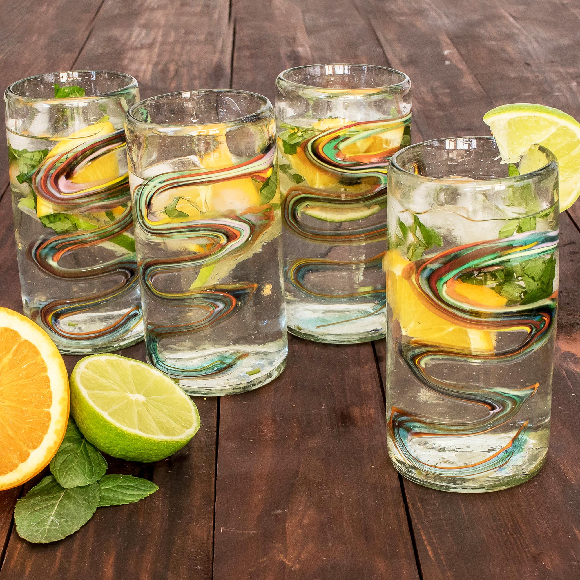 Premium Hand-Blown Rainbow Ripple Tumbler Glasses - Set of 4 (11 oz)