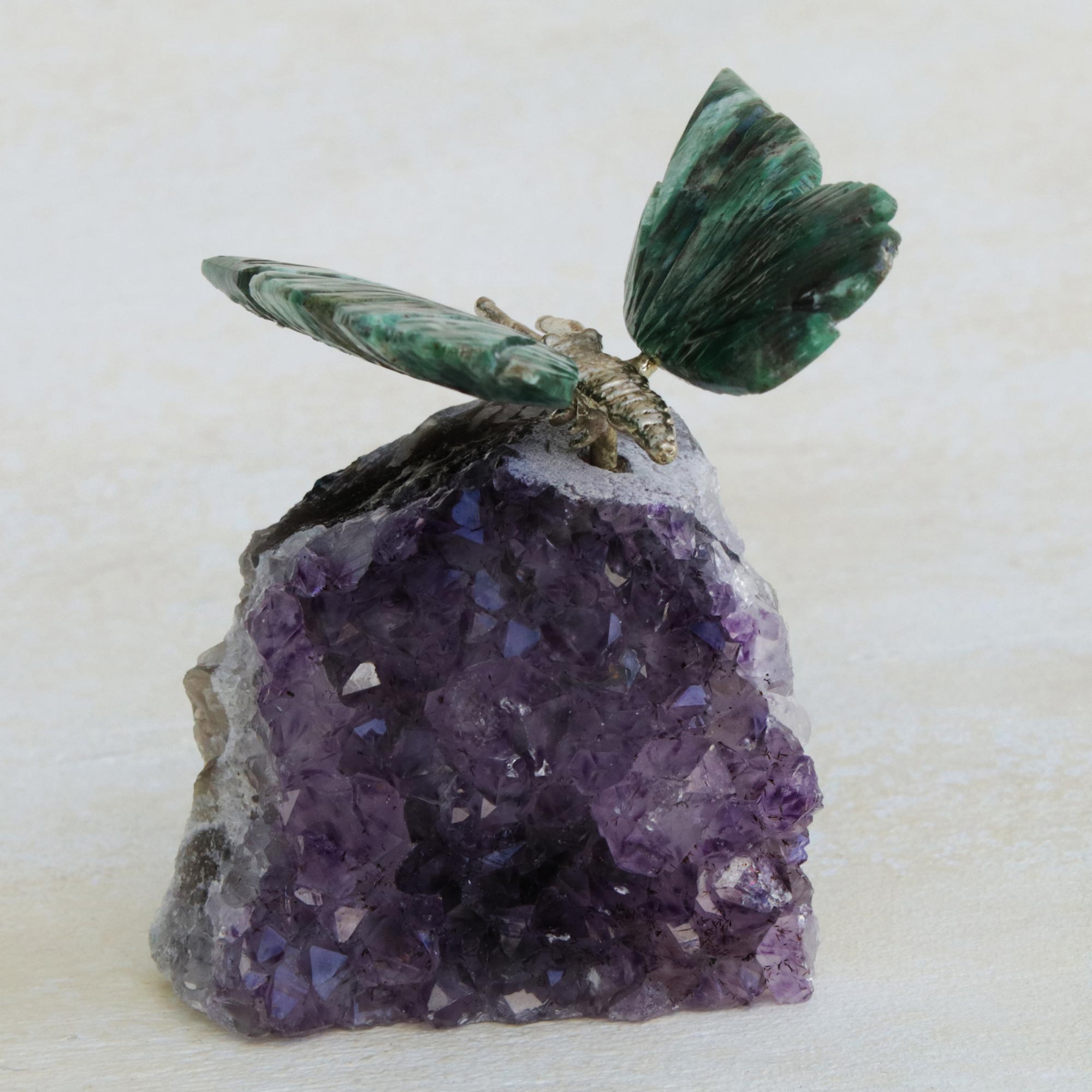 Premium Forest Wings Butterfly Gemstone Sculpture - Serpentinite & Amethyst