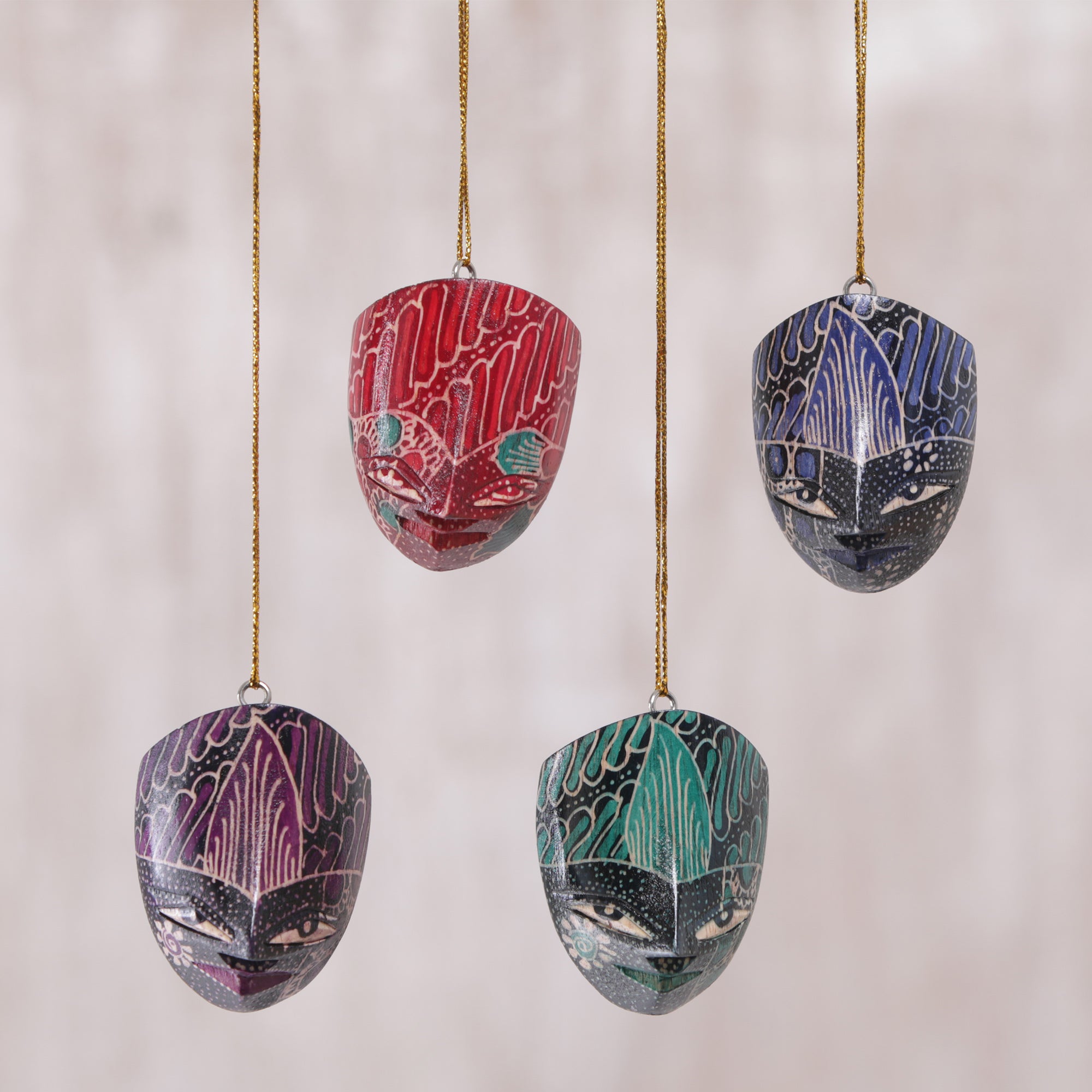 Premium Hand Carved Parang Warrior Ornaments - Set of 4 | Wadang Wood Batik Art
