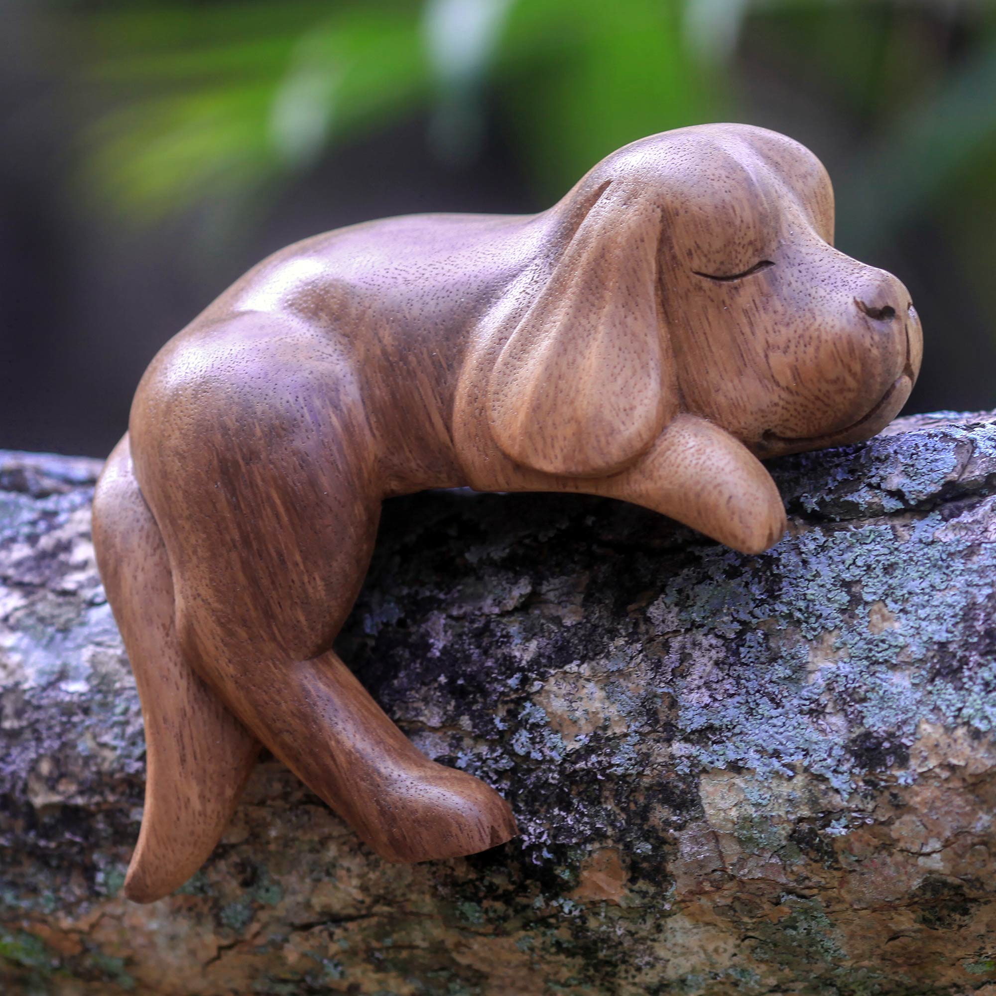 Premium Hand-Carved Sleeping Cocker Spaniel Puppy Wood Sculpture