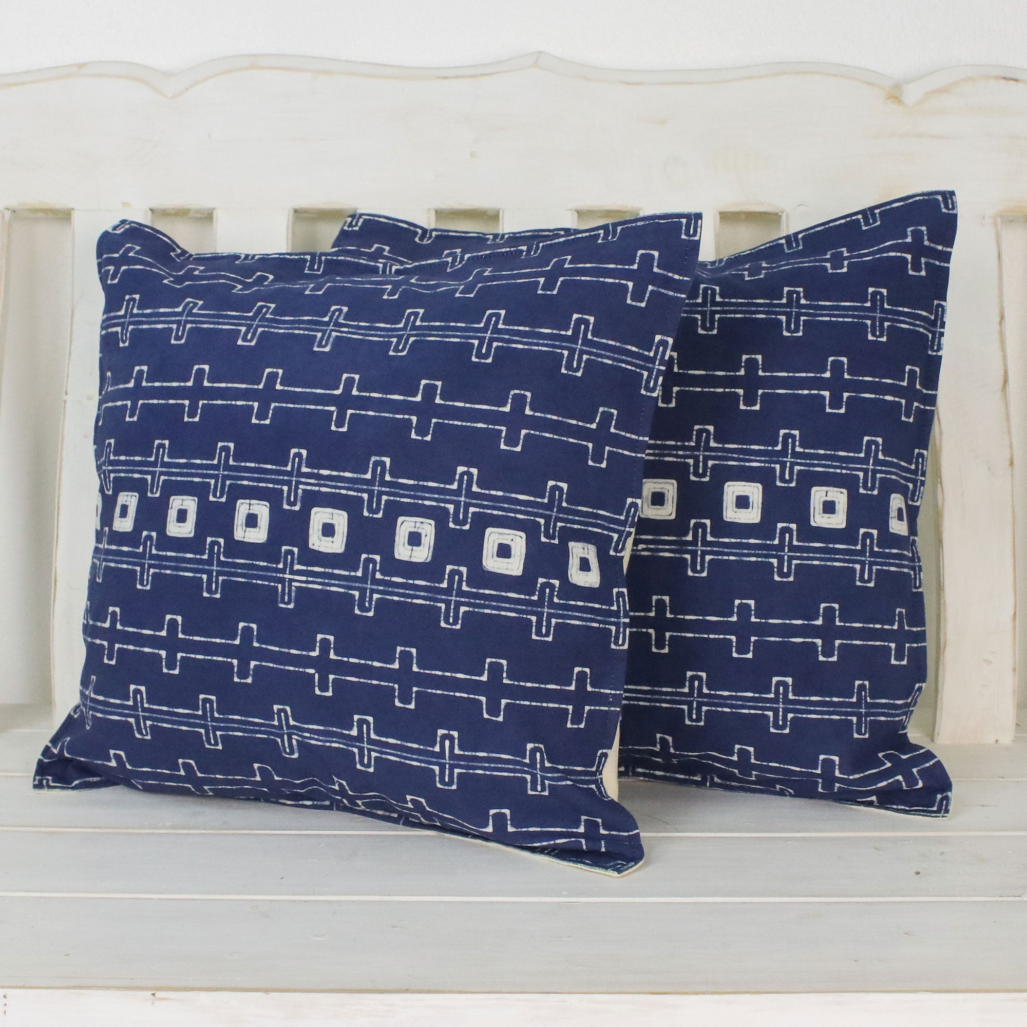 Premium Indigo Chains Batik Cotton Cushion Covers - Handcrafted in Thailand (Pair)
