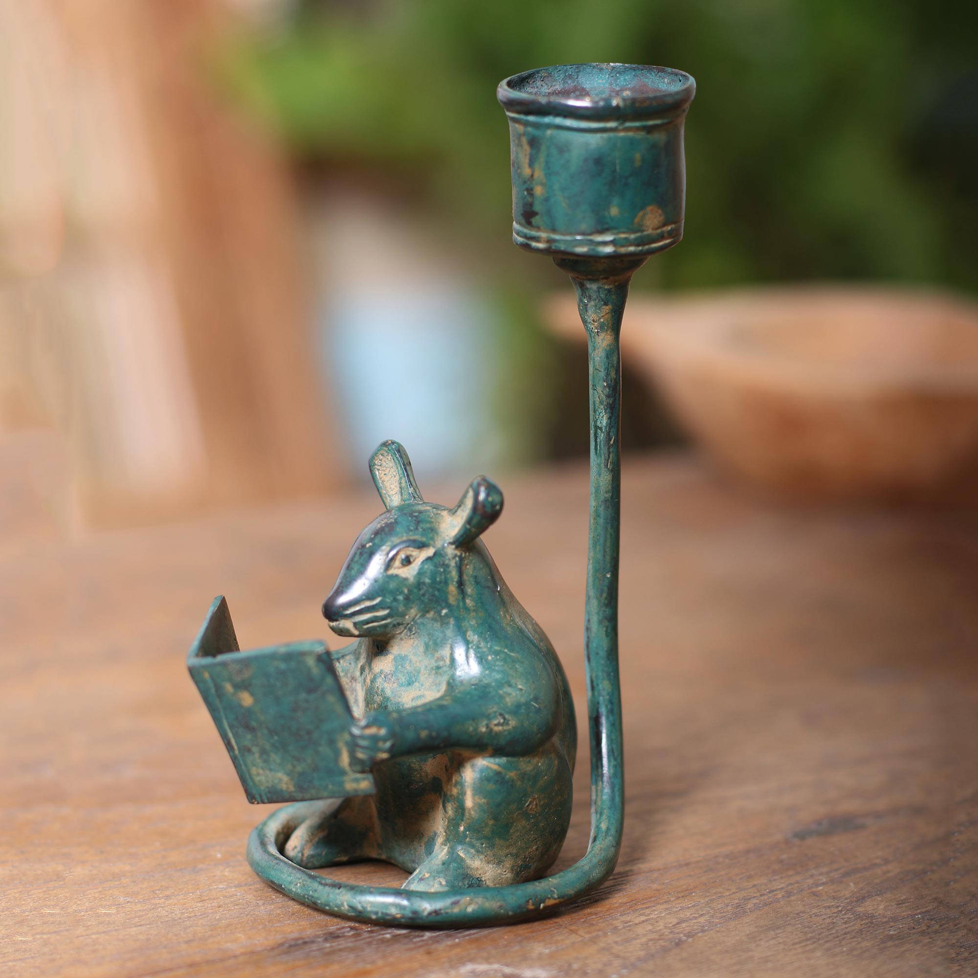 Premium Antiqued Bronze Reading Mouse Figurine - Whimsical Bali Art Piece