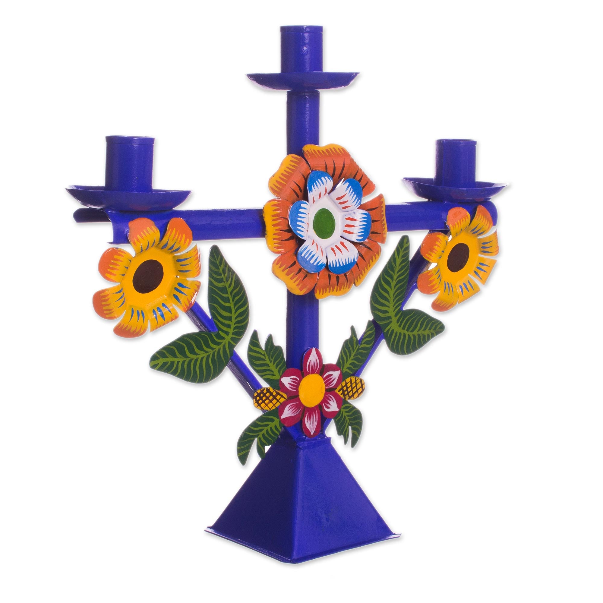 Premium Blue Floral Recycled Metal Candelabra – Handcrafted in Peru