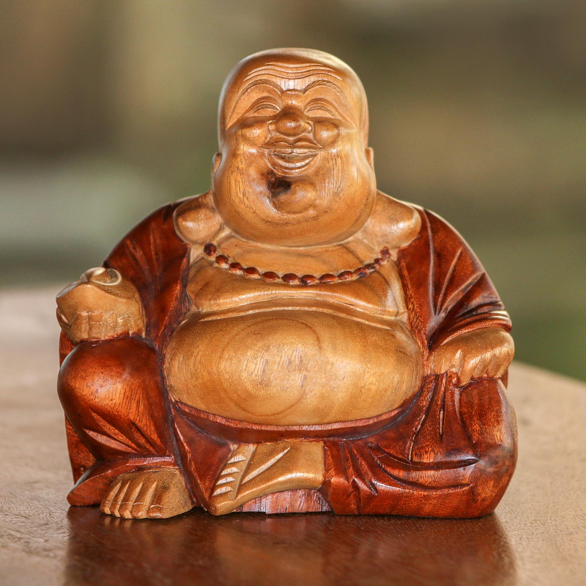 Premium Hand-Carved Acacia Wood Laughing Buddha Statue from Bali