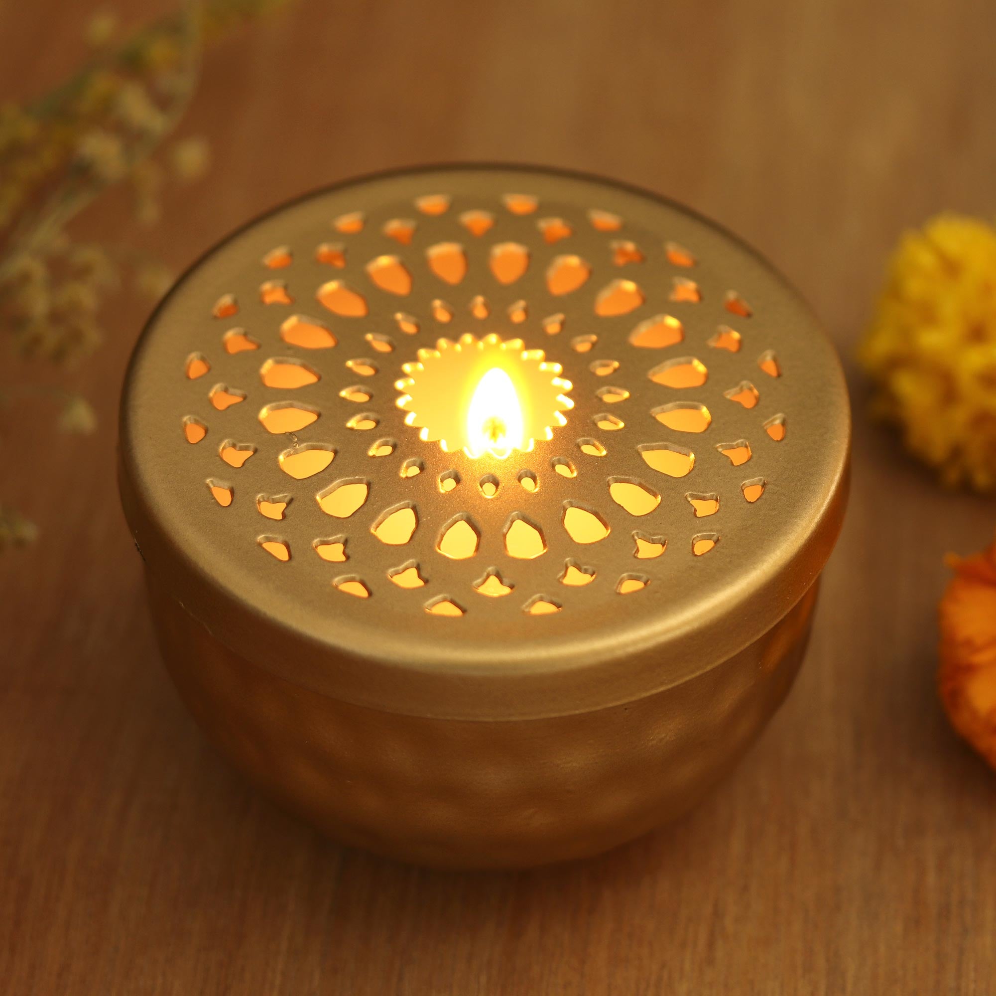 Premium Golden Steel Tealight Candleholder with Elegant Jali Cutouts