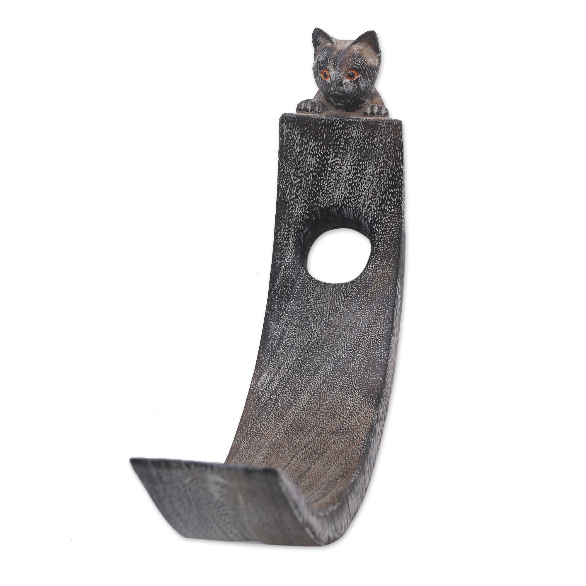 Premium Handcrafted Suar Wood Cat Bottle Holder - Black & White Peeking Kitten Design