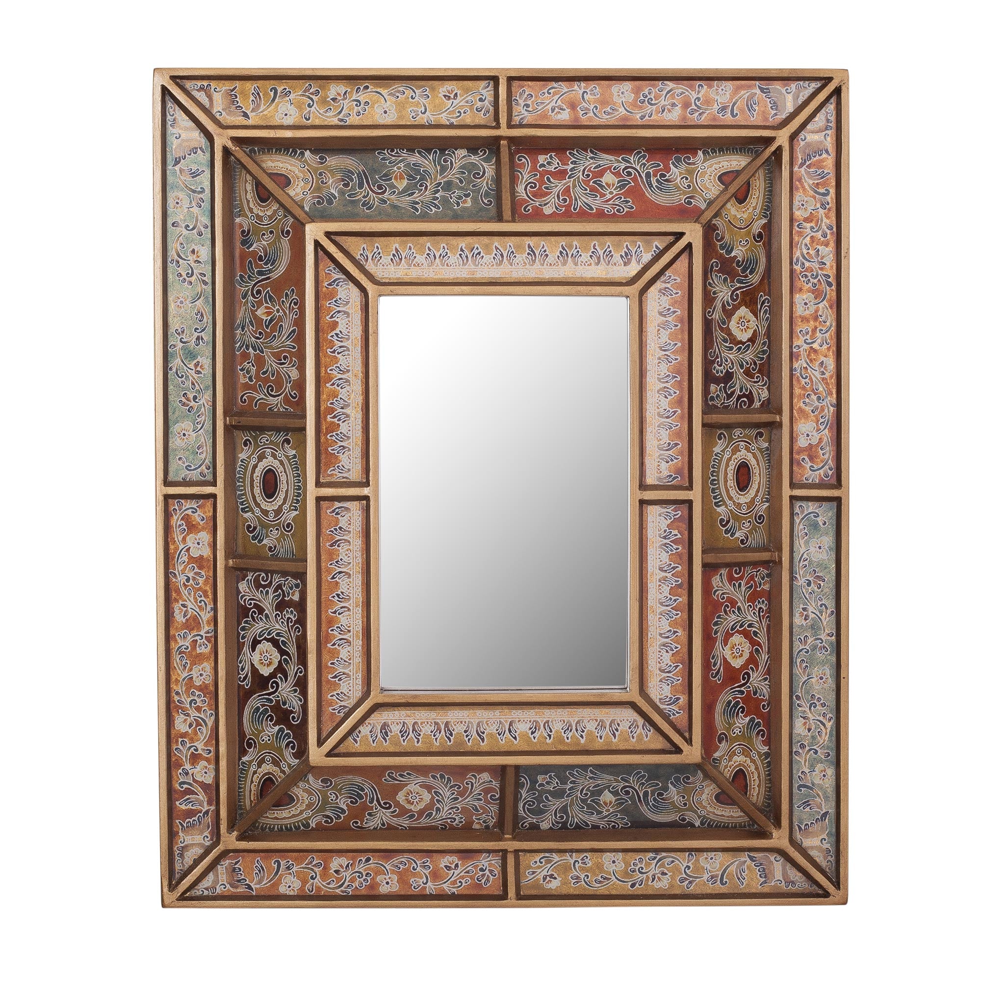 Premium Colonial Floral Reverse-Painted Glass Wall Mirror - Handcrafted in Peru