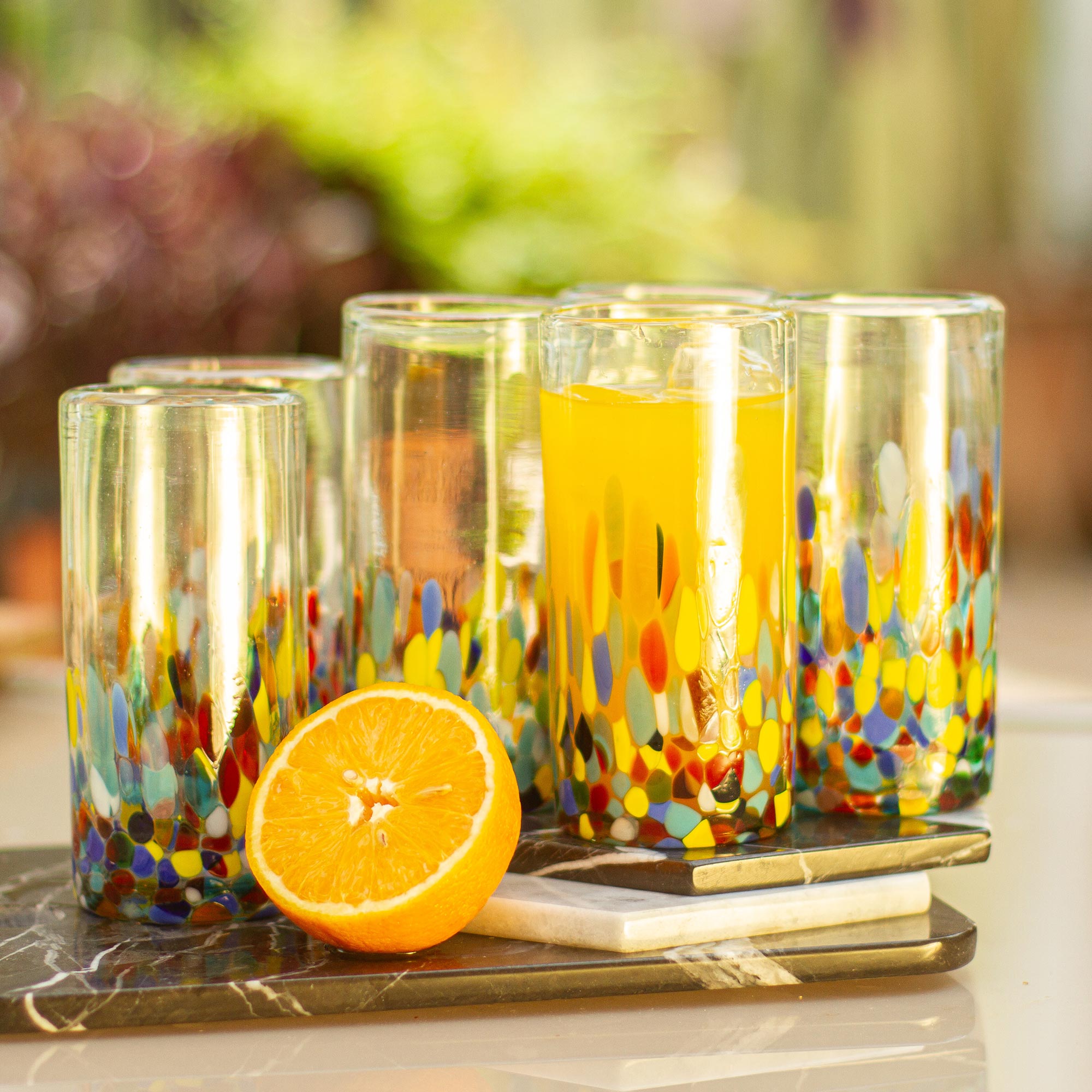 Premium Confetti Festival Handblown Highball Glass Set (6-Piece)