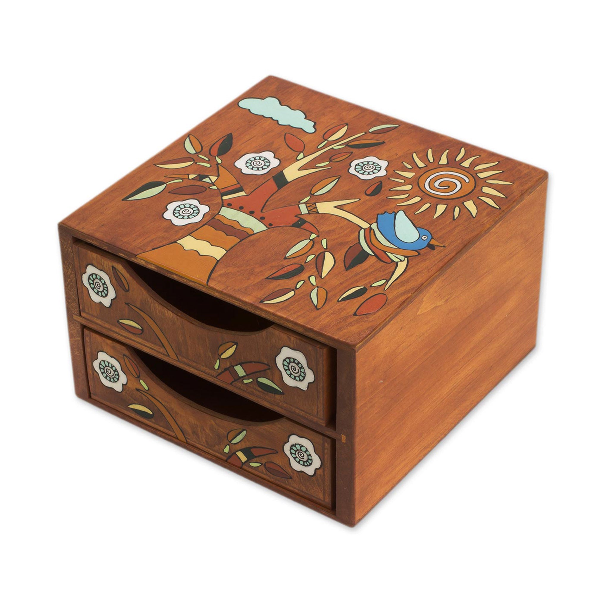 Premium Hand-Painted Pinewood Jewelry Box with Bird & Tree Design