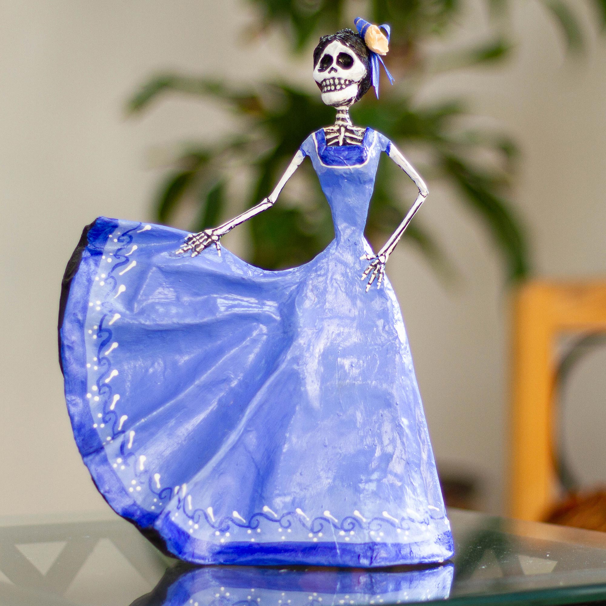 Premium Blue Dancing Catrina - Handcrafted Papier Mache Statuette