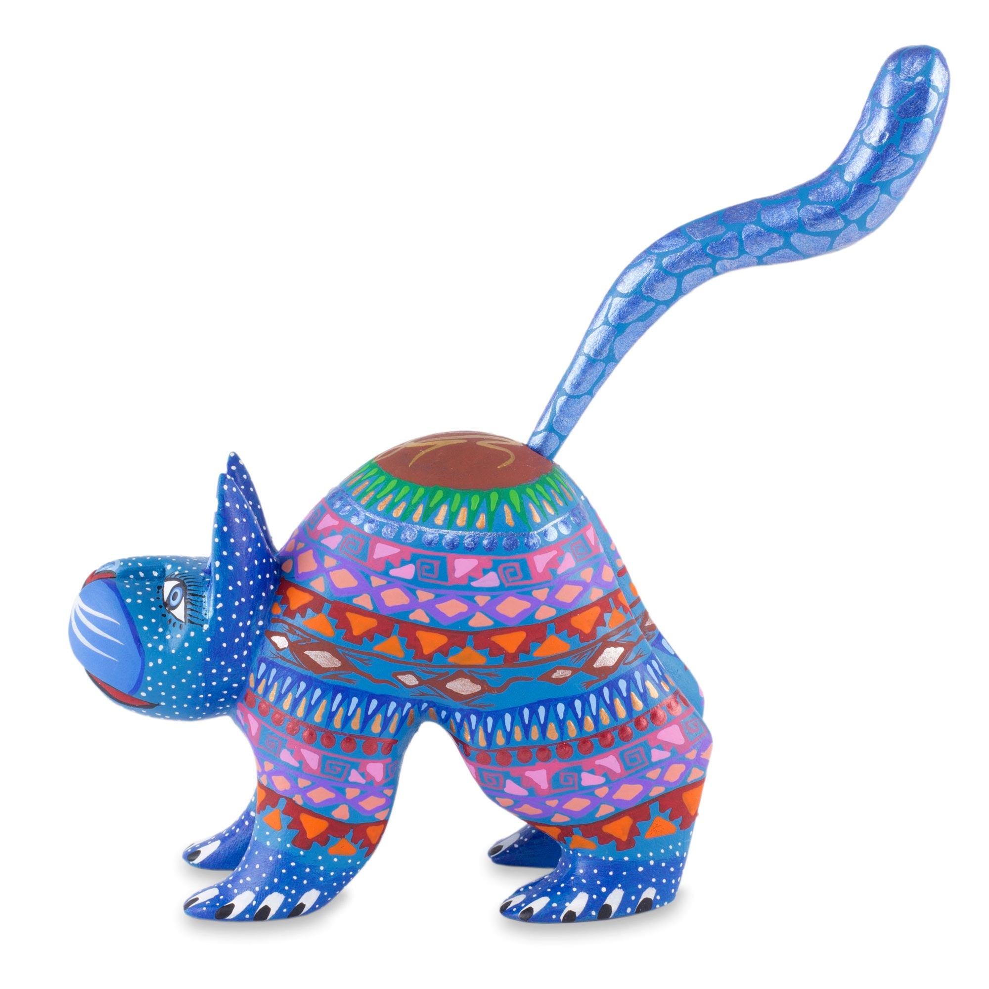 Premium Handcrafted Blue Cat Alebrije Sculpture - Mexican Folk Art