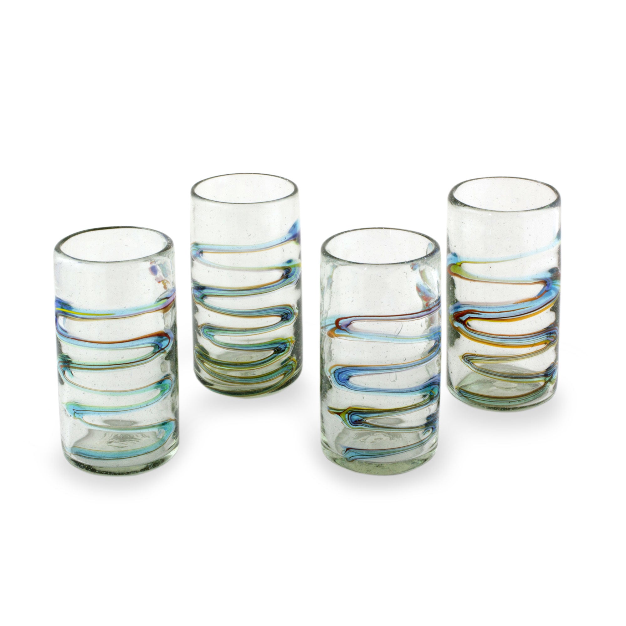 Premium Hand-Blown Rainbow Ripple Tumbler Glasses - Set of 4 (11 oz)