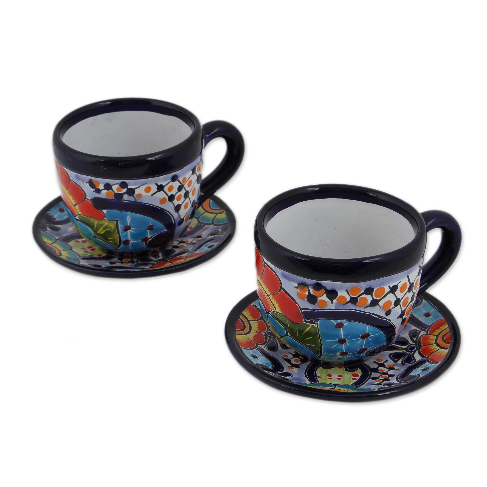 Premium Talavera Style Ceramic Cups & Saucers - Handcrafted Floral Design from Mexico