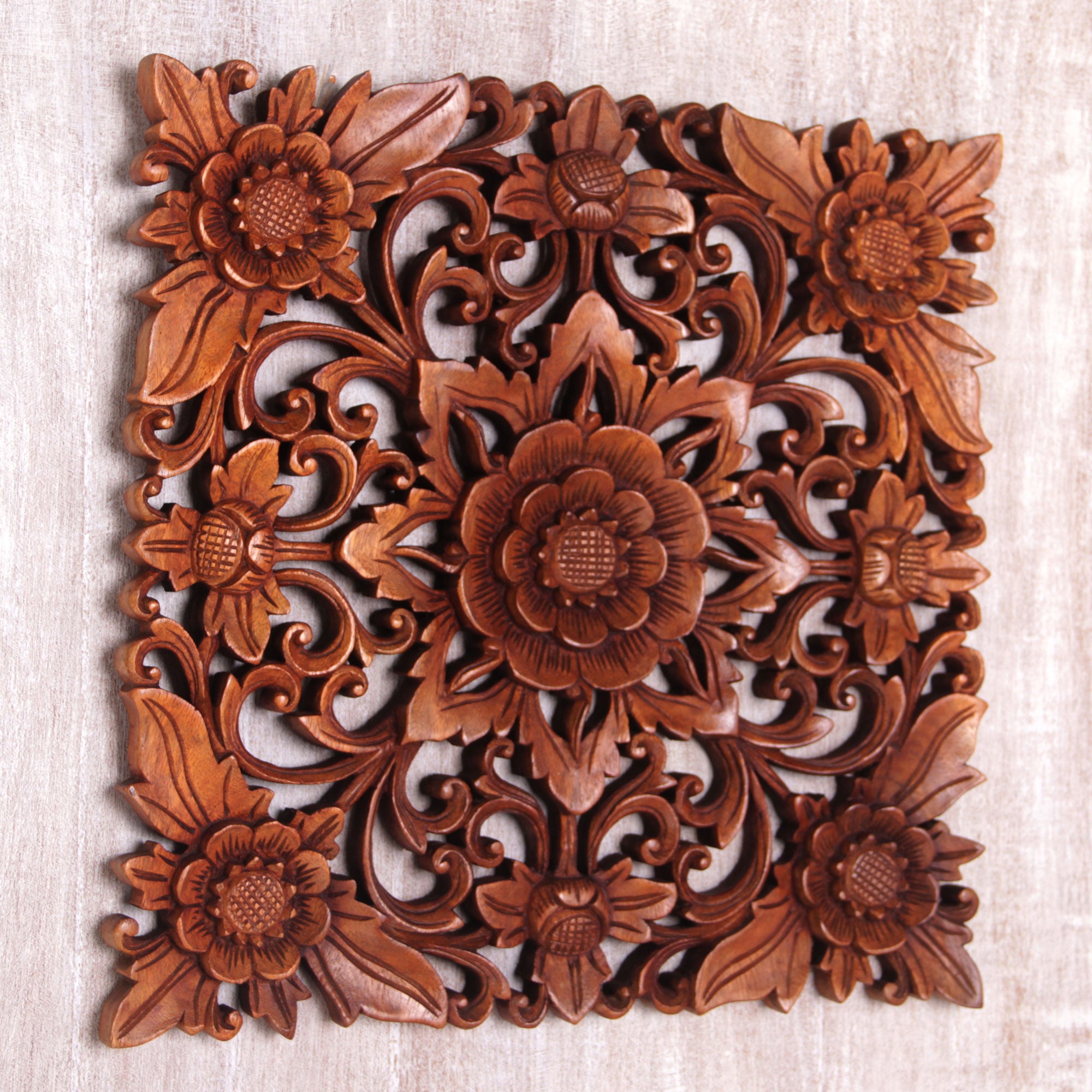 Premium Hand-Carved Suar Wood Floral Wall Art Panel
