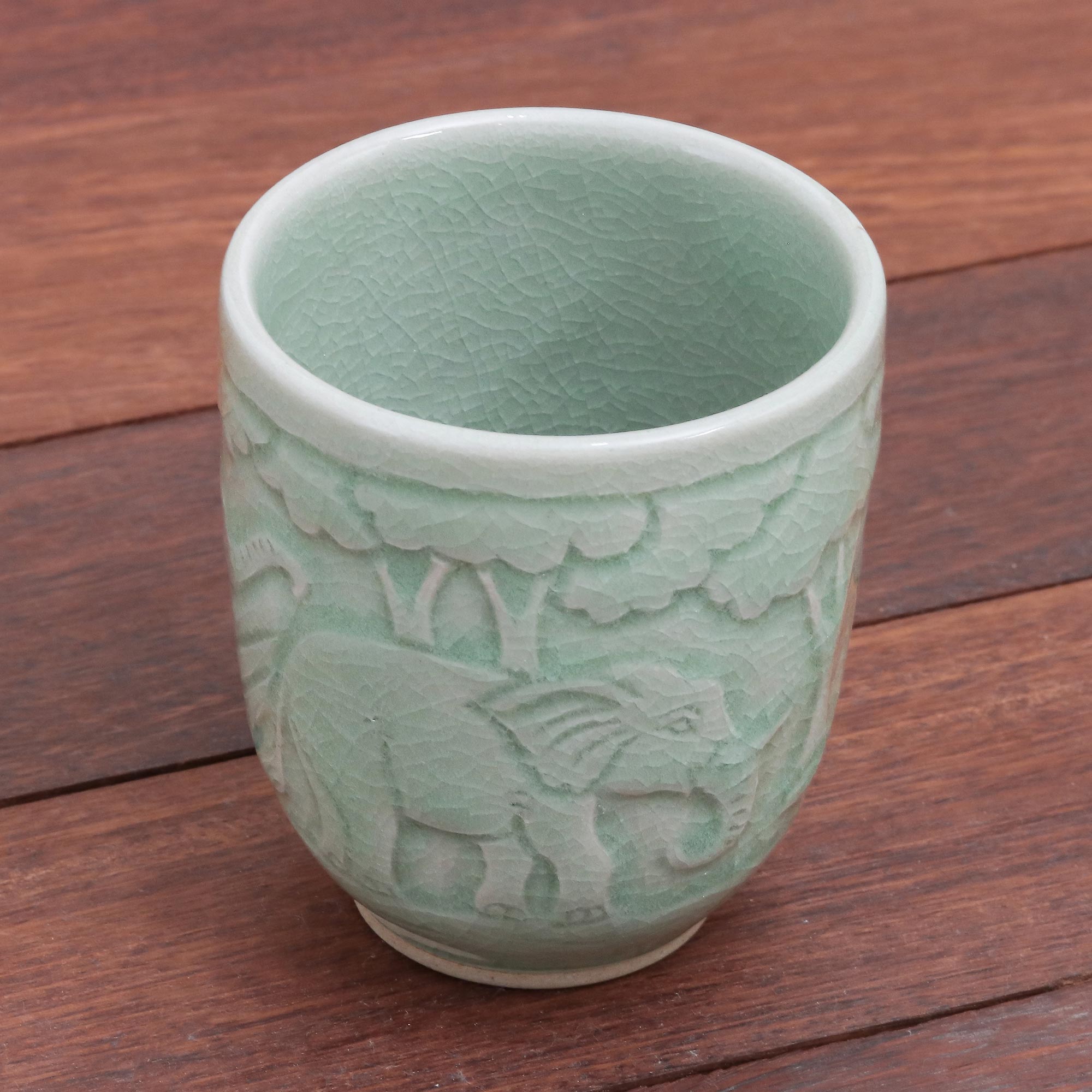 Premium Elephant Forest Celadon Teacup – Handcrafted Ceramic Art from Thailand